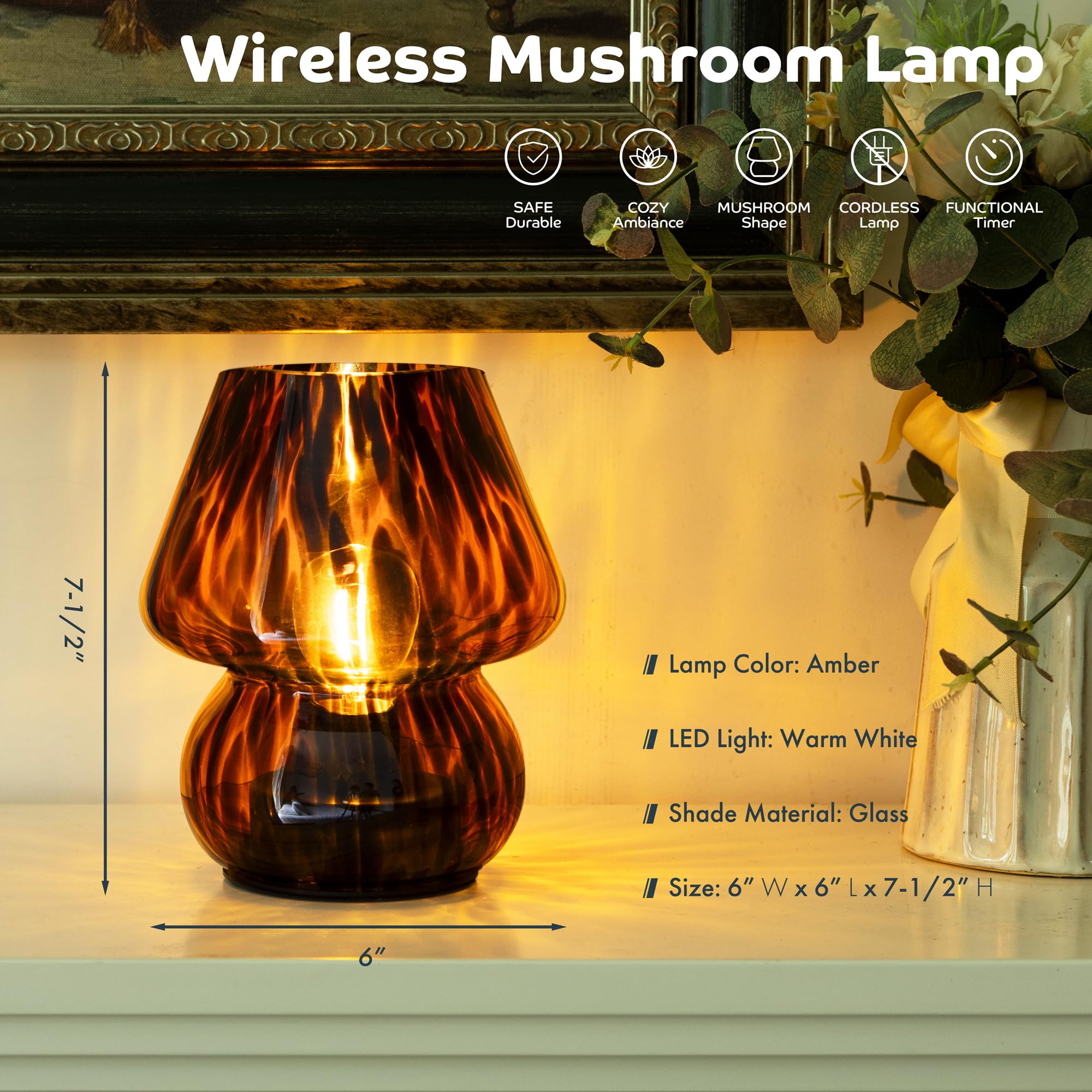 ULAROOM Battery Operated Mushroom Lamp - Vintage 6x6 in. Golden Amber Table Lamp with Timer for Bedroom, Kitchen, Living Room Decor
