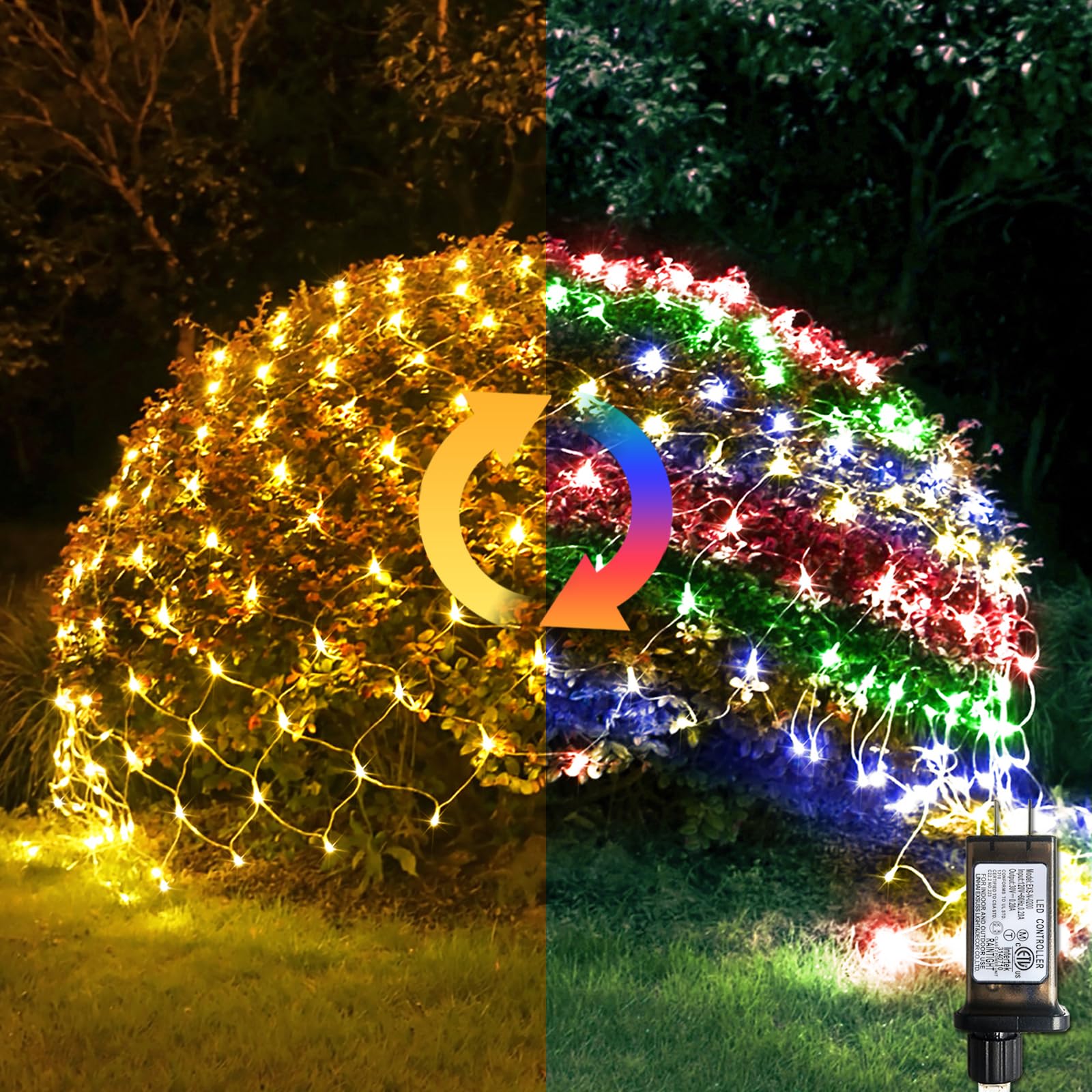 JMEXSUSS 200 LED Christmas Net Lights, 9.8ft x 6.6ft, Mesh, Warm White & Multicolor, Model EXS-N-0200