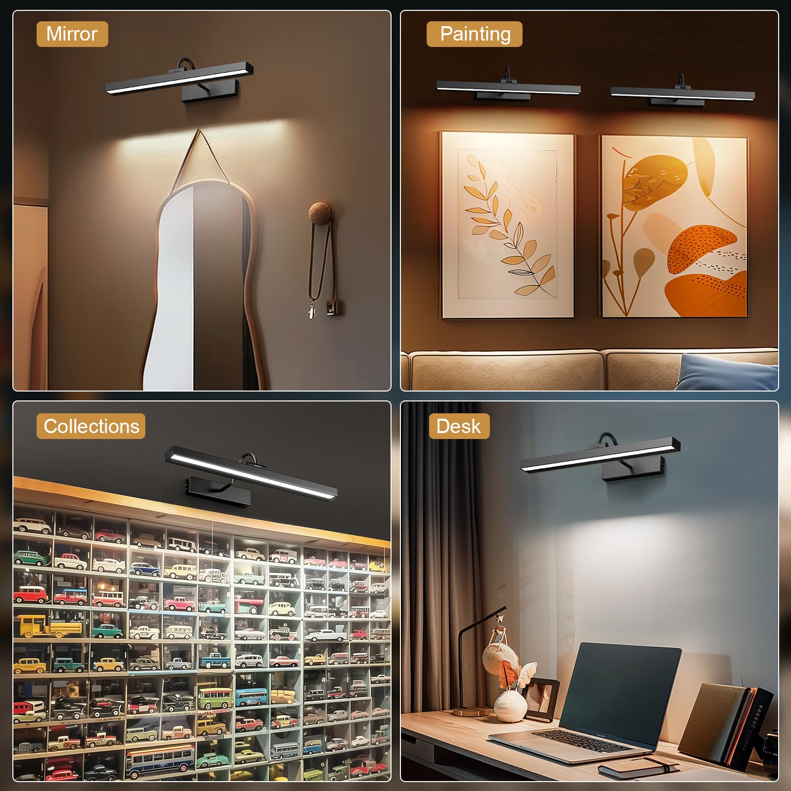 Bridika Picture Light Set of 2 - Rechargeable Battery Operated Wall Lights, 15.7in, Dimmable, Remote Control, 3 Color Temperatures, Black