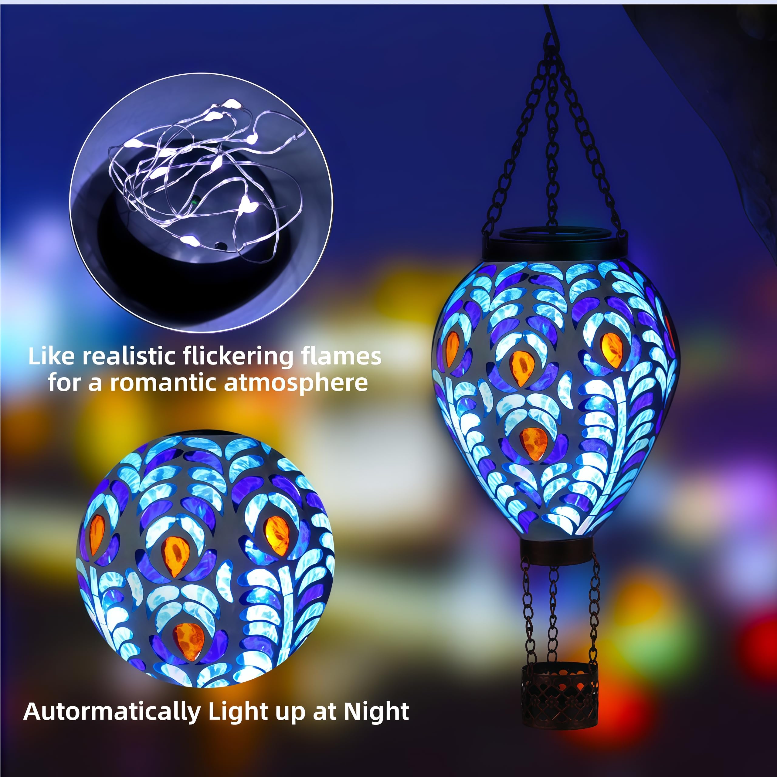VOREEN Hot Air Balloon Solar Lantern, Handmade Glass, Peacock Feather Design, Waterproof Outdoor Hanging Light, Model FYG24106