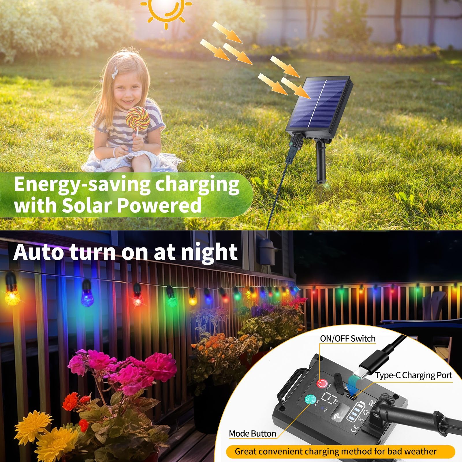 Ryblgled Solar String Lights - 59Ft Waterproof Multicolor Globe Lights with Remote for Outdoor Patio and Camping Decor