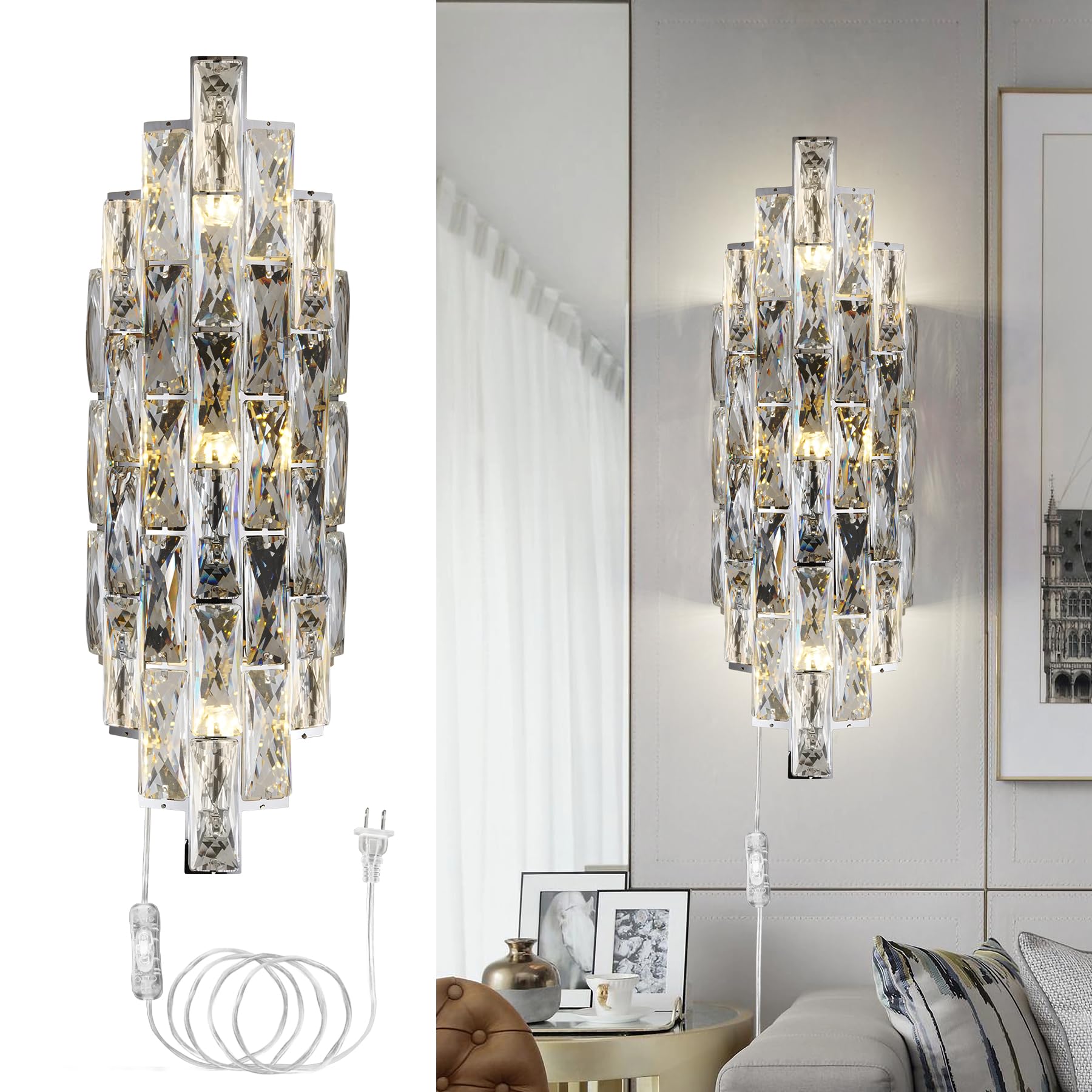 Kaiyuan Modern Plug In Wall Sconce Crystal Wall Sconces Indoor Wall Lamp For Bedroom Chrome Light Fixture With Plug In Switch Vanity Wall Mount Lamps For Living Room Bedroom Bathroom Bedside Hallway