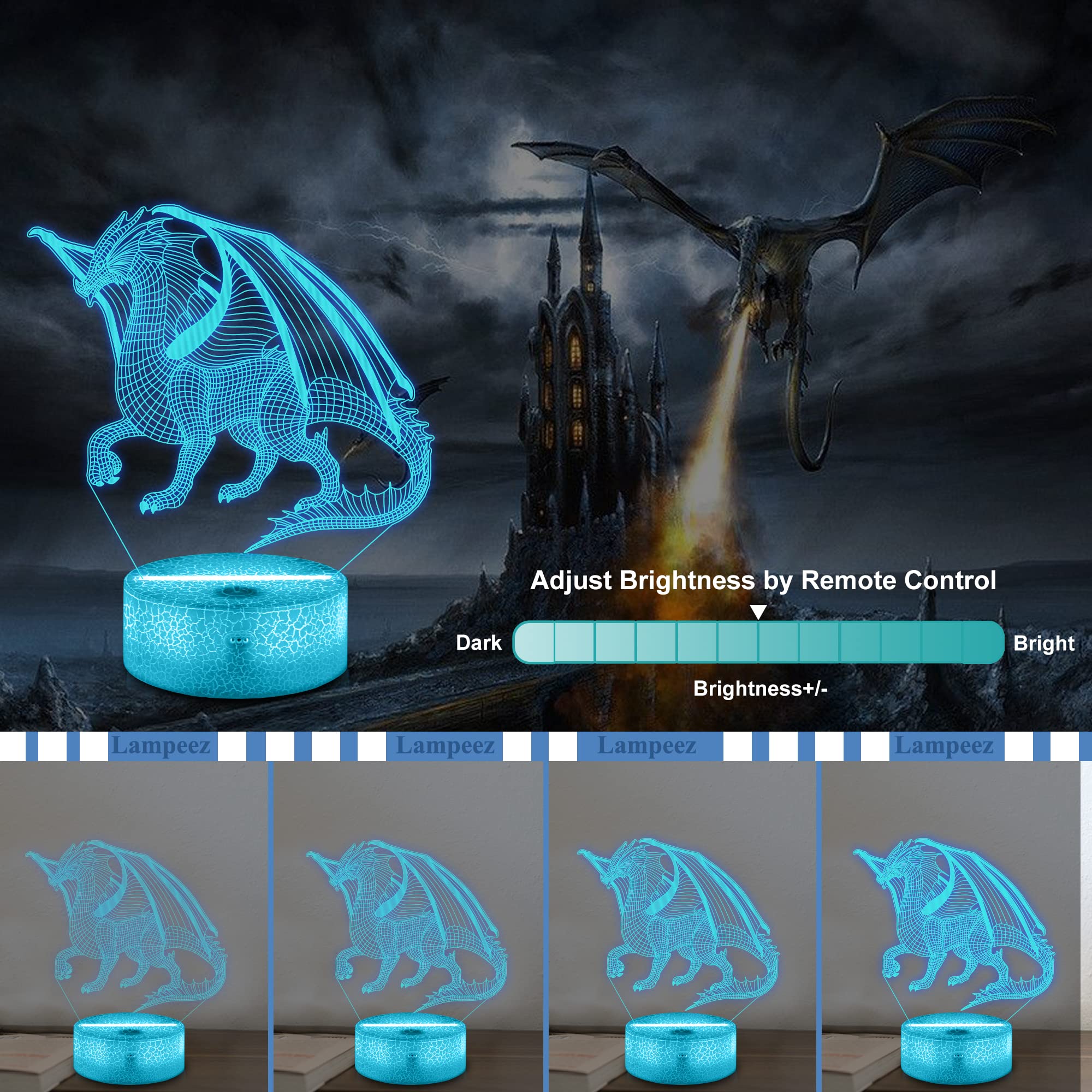 Lampeez 3D Dragon Lamp - Color Changing Night Light with Remote, Kids Bedroom Decor, Model FS-2810-9999, Dragon2 Color