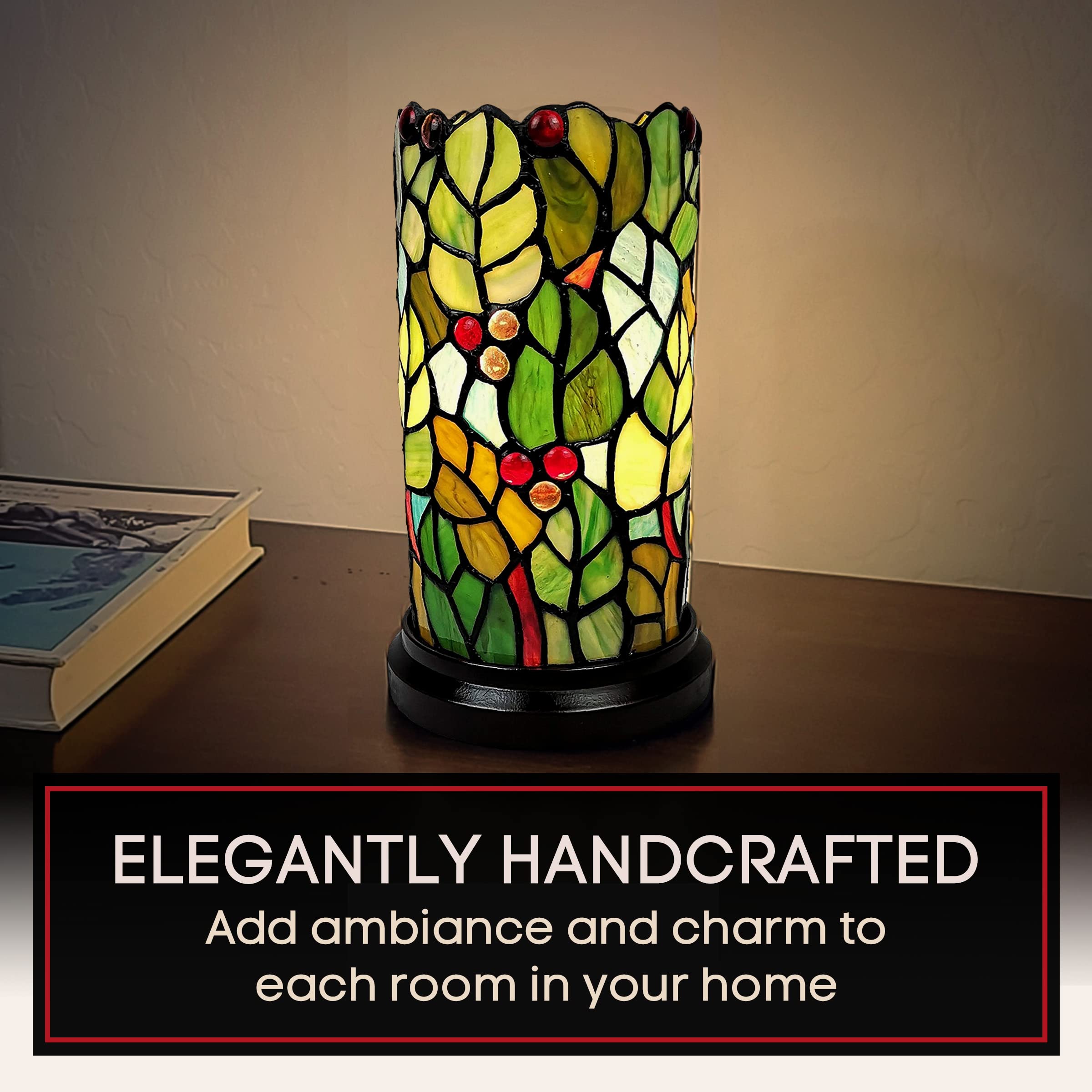 Amora Green Tiffany Accent Lamp - Floral Leaf Mosaic Table Lamp, 11” Decorative Desk Light