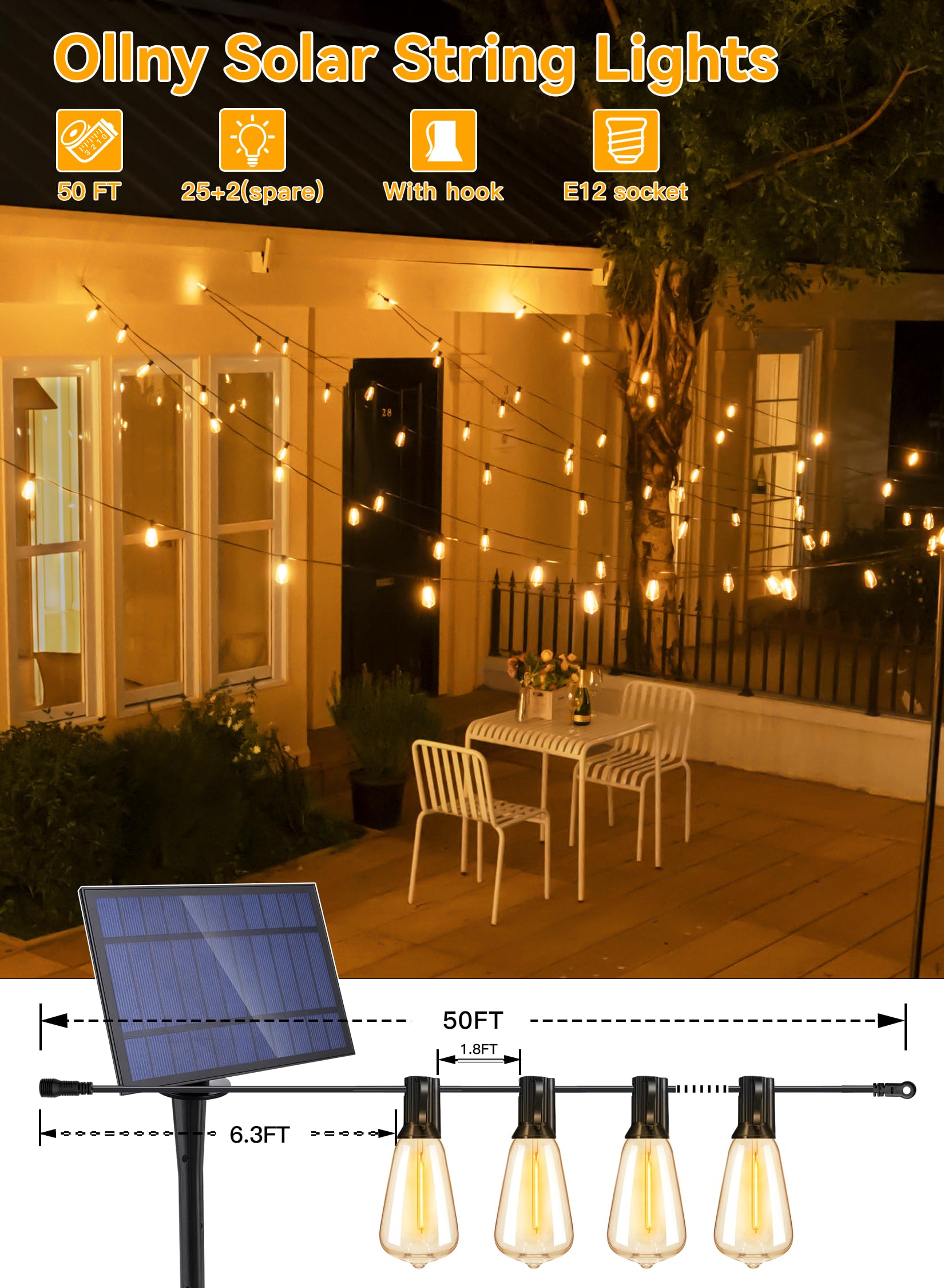Ollny Solar String Lights, 25+2 LEDs, 50FT Warm White, USB & Solar Dual Charging, 3 Modes, 5 Timers, Waterproof, Model NYD025B