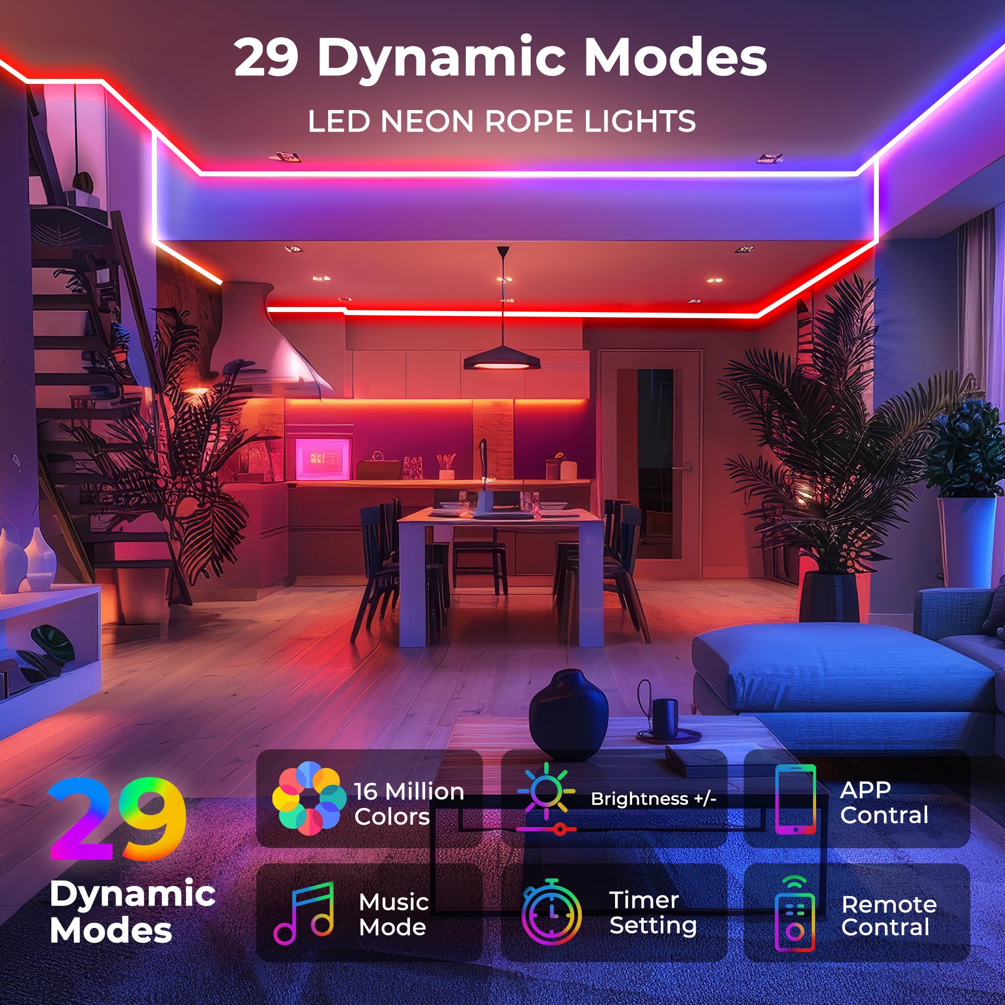 Andohai 100Ft Led Neon Rope Lights, Flexible Led Rope Lights Control With App/Remote, Ip67 Outdoor Rgb Color Changing Led Neon L