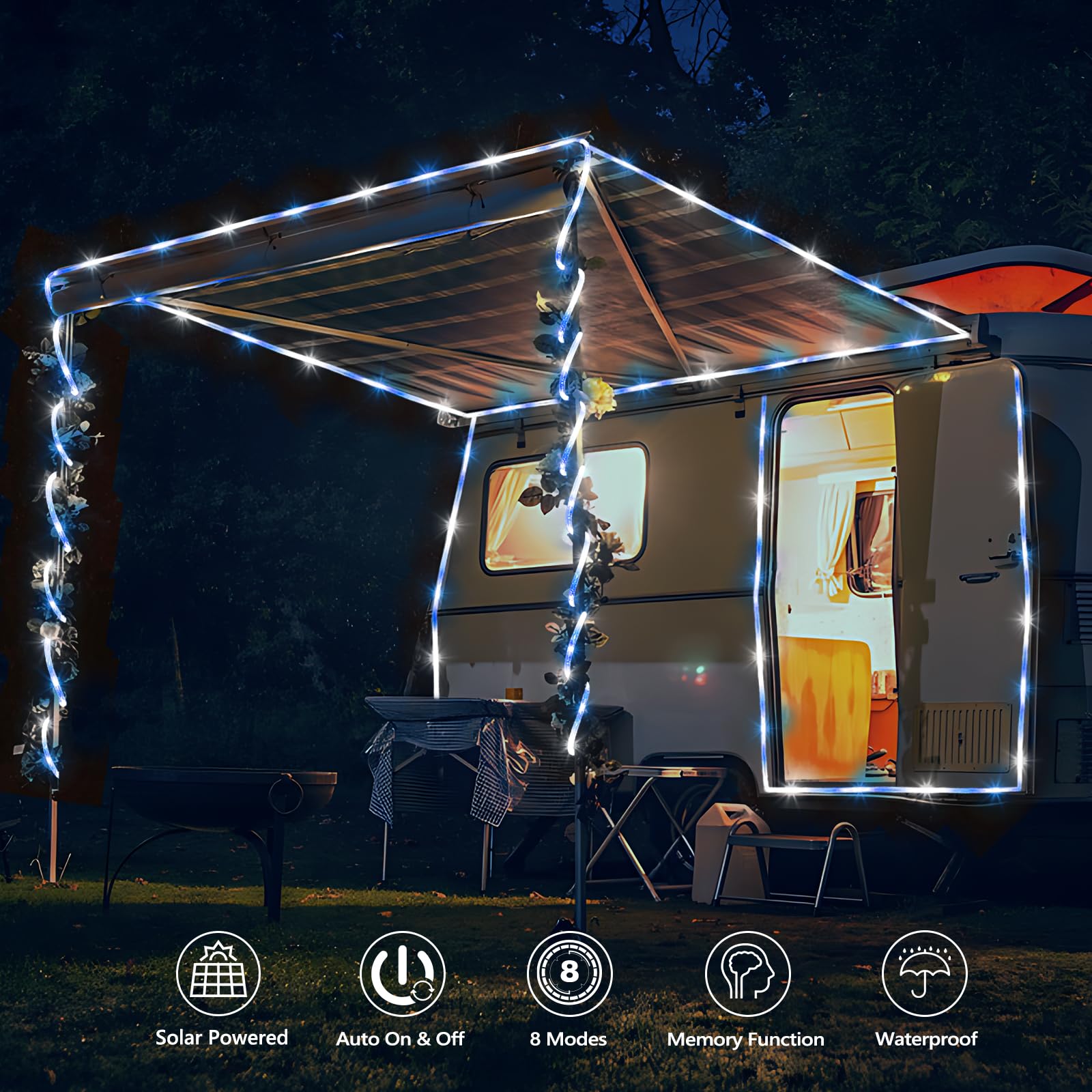 Jnaurb Solar Rope Lights, 132ft 400LED Waterproof String Lights, 8 Modes, Flexible Clear Tube, White & Blue