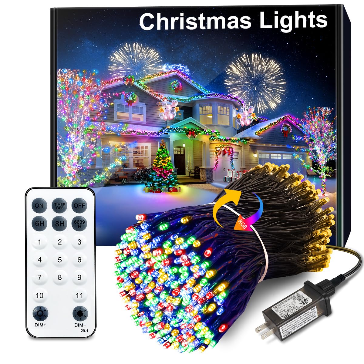Acan 115Ft 300 Led Christmas Lights Outdoor  Warm White & Multicolor Color Changing String Lights With Remote Control  8 Modes Fairy Light Plug In Waterproof For Christmas Tree Xmas Decorations Party