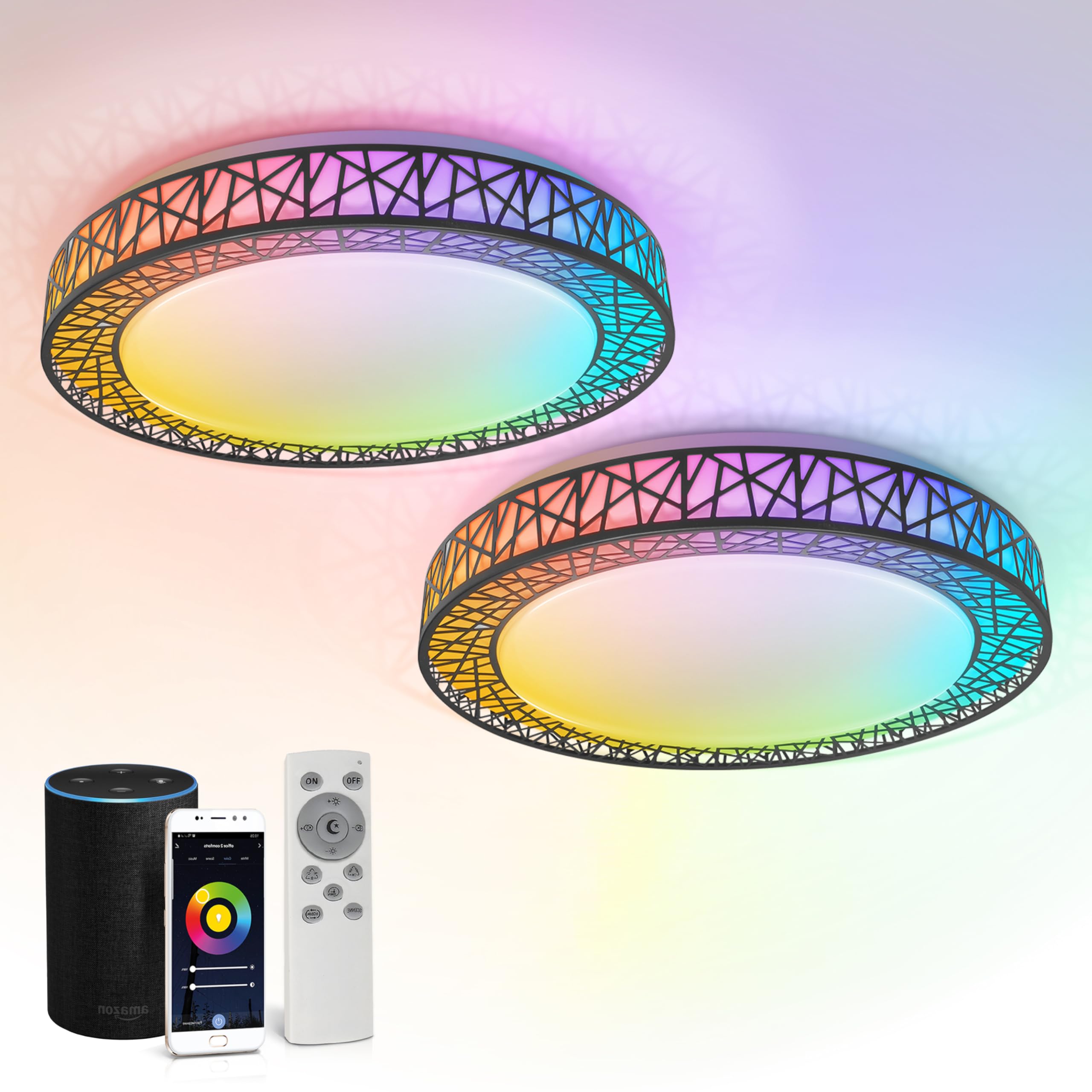 Asd 20 Inch Smart Rgbw Flush Mount Ceiling Light With Remote - Matte Black 42W 120V 2700-6500K Dimmable Ceiling Light Fixture, W