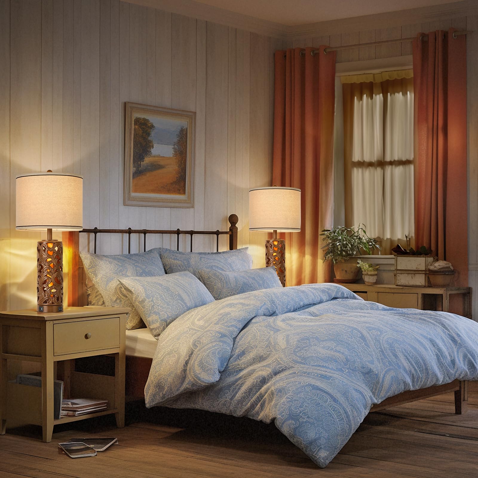 AIDENOEY 3-Way Dimmable Touch Control Table Lamp Set of 2, Vintage Walnut Finish, USB Ports, 27.5in H, Model HYZCQT002