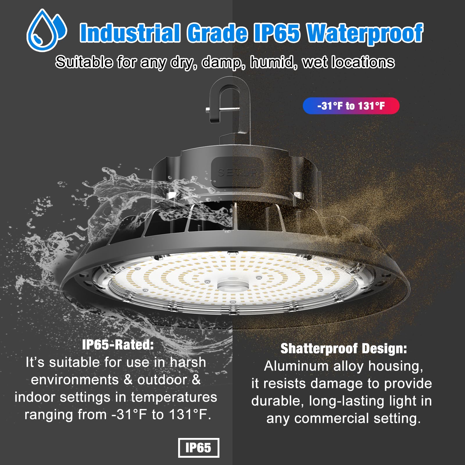 G Gjia Led High Bay Light 100W 14000Lm (Eqv. To 400W Hps/Mh) 5000K 1-10V Dimmable, 5' Cable With 110V Plug Ring Hook Safe Rope E