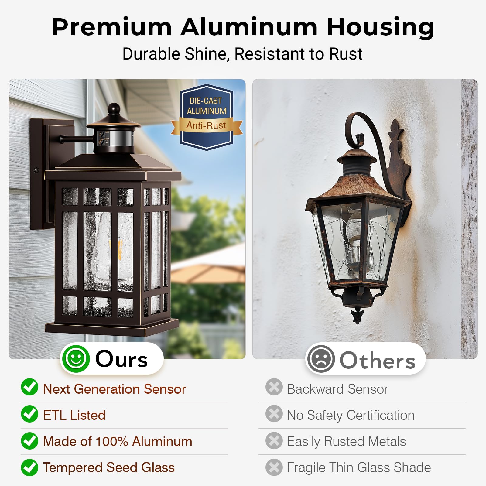 OPAXIS Motion Sensor Outdoor Wall Light Fixture, Waterproof Aluminum Sconce, Dusk to Dawn, ORB (Gold Trim), Model P81604, 1 Pack