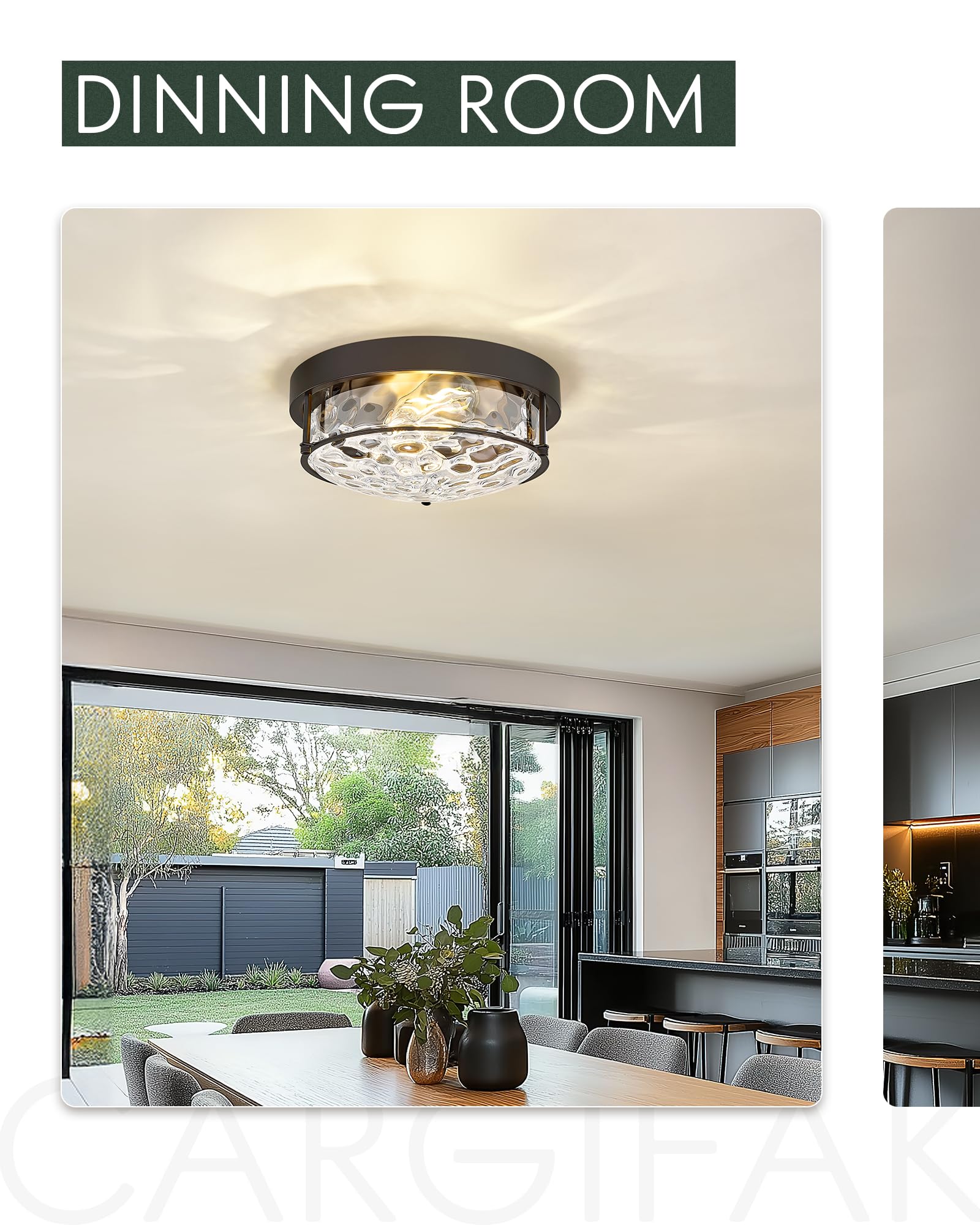 Cargifak 12-Inch Flush Mount Ceiling Light, Hammered Glass Shade, Oil Rubbed Bronze Finish, Model CKCL4822-2W-HGORB