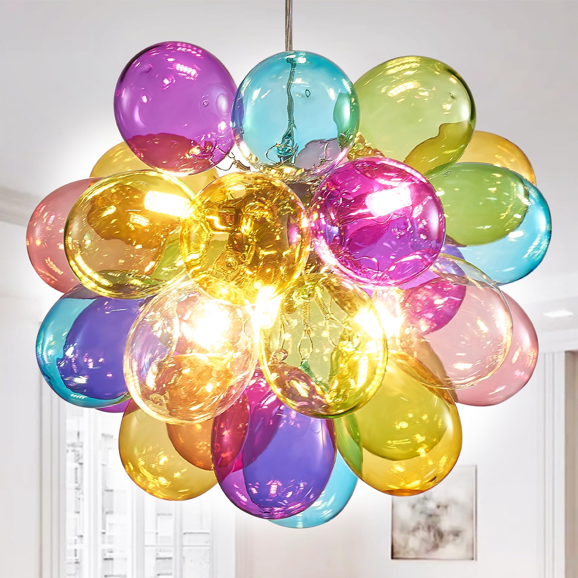 Longree Mini Bubble Ball Chandelier, Dia 20 Inch Blown Multicolor Glass Small Pendant Light Fixture For Bedroom Study Bathroom