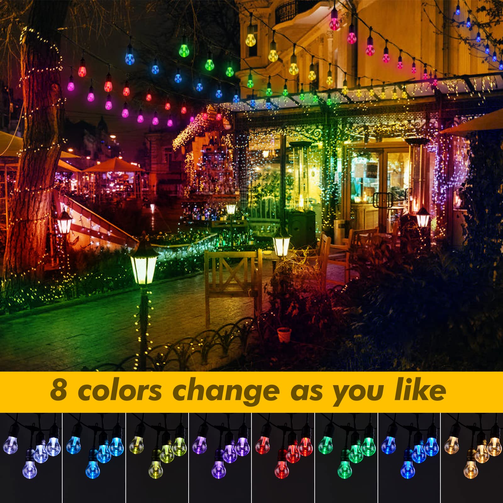 Auroraworld Outdoor String Lights Rgb, 48Ft Dimmable Patio String Lights With Shatterproof Edison Bulbs, Remote, Commercial Solar String Lights For Cafe, Patio, Yard, Party