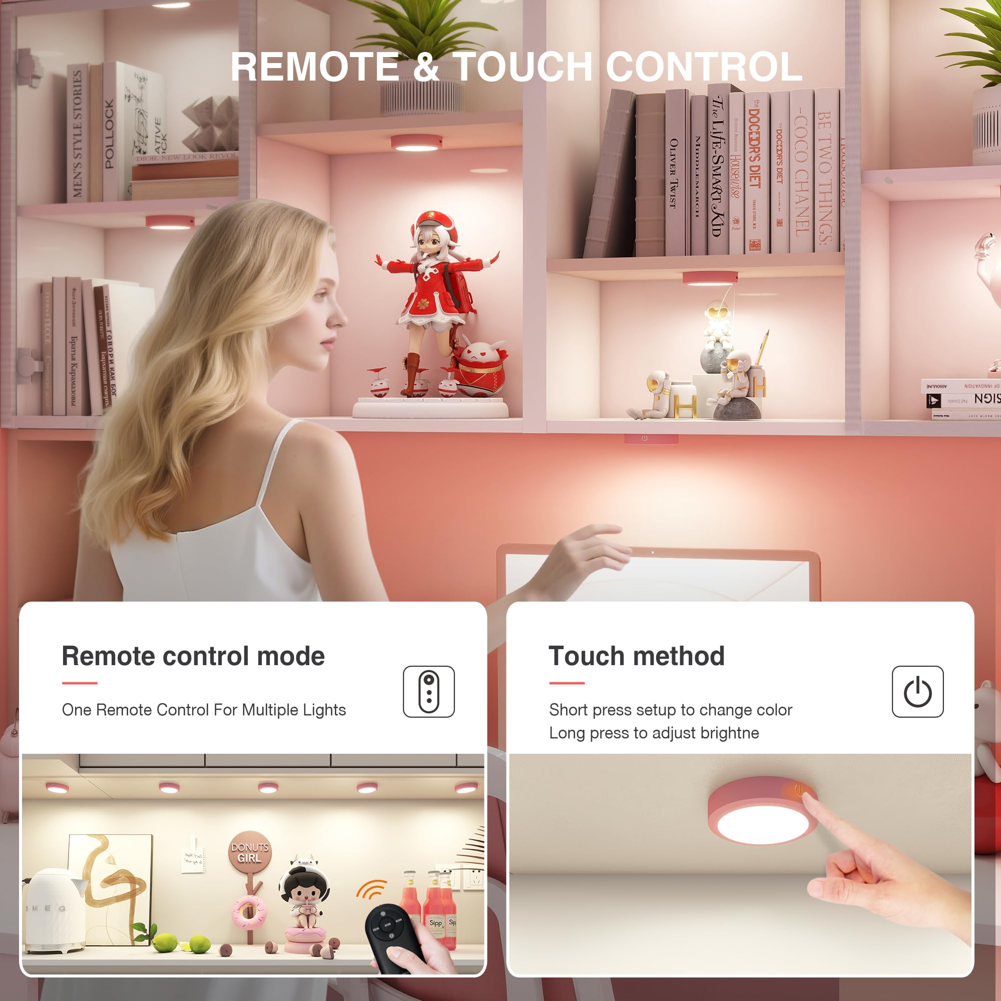 MICLIONLED Rechargeable Puck Lights, LED Under Cabinet Light, Wireless, 3 Color Temperatures, 2 Pack, Pink, Model M3-GB17