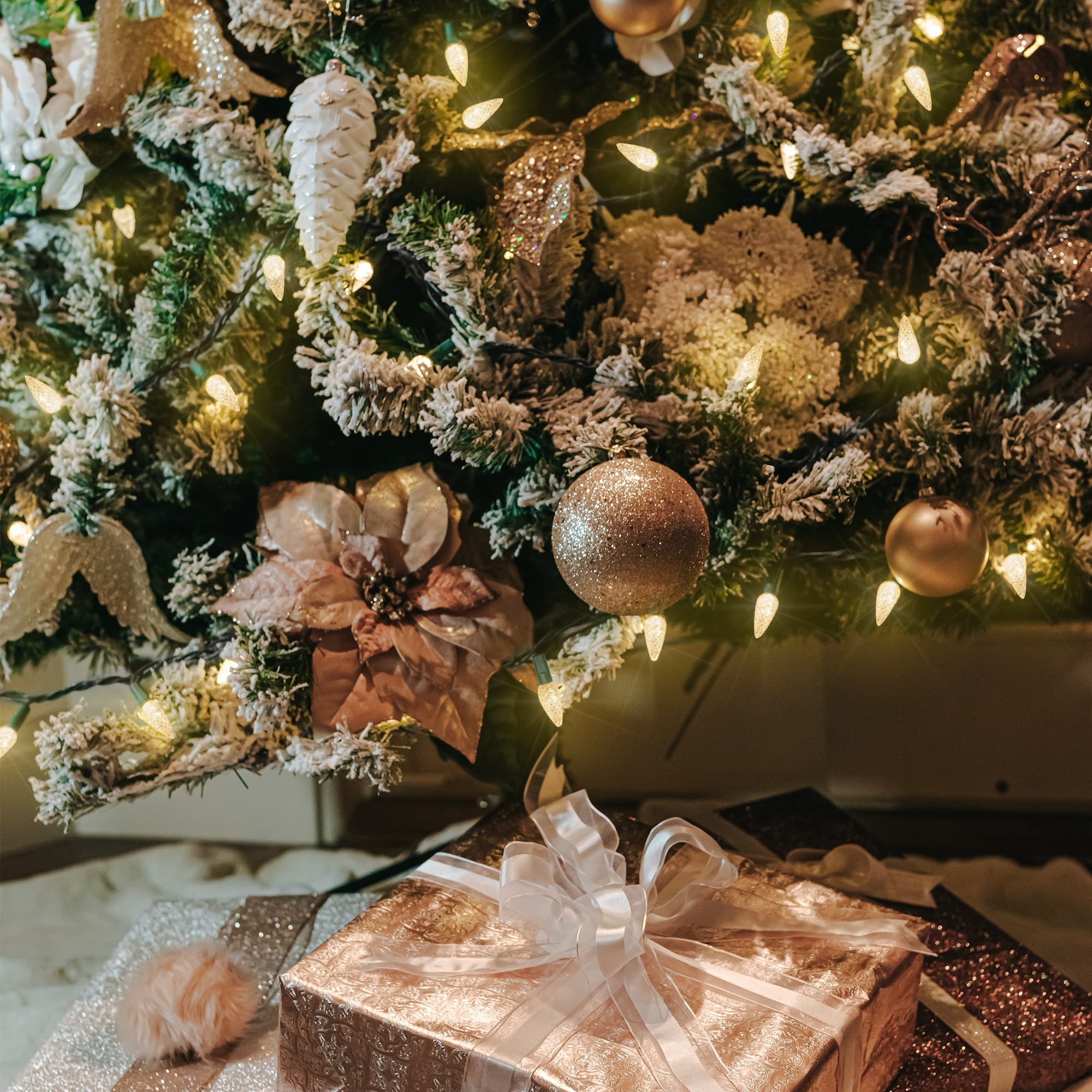 WATERGLIDE Christmas Lights 33ft 100 LED Warm White Faceted String Lights Green Wire Waterproof 8 Lighting Modes Indoor Outdoor