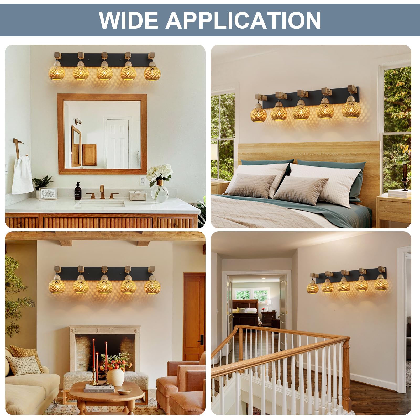 5-Light Bathroom Vanity Light Fixtures, Rustic Style Farmhouse Wood Bathroom Wall Sconce, Handmade Bamboo Woven Boho Wicker Bask