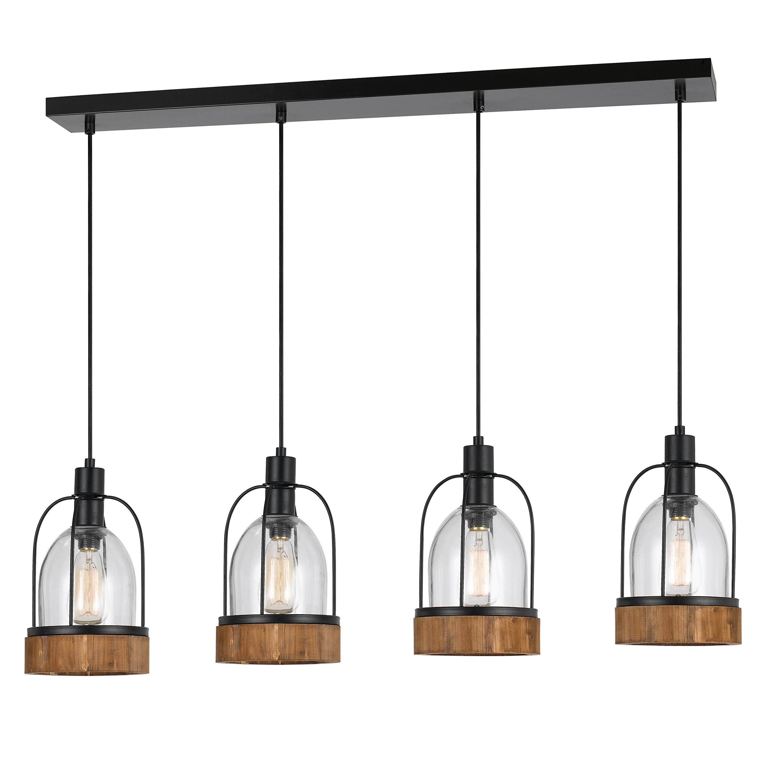 Benzara Metal Pendant Fixture, 4 Lantern Design Glass Shade, Black and Clear, Model BM224967