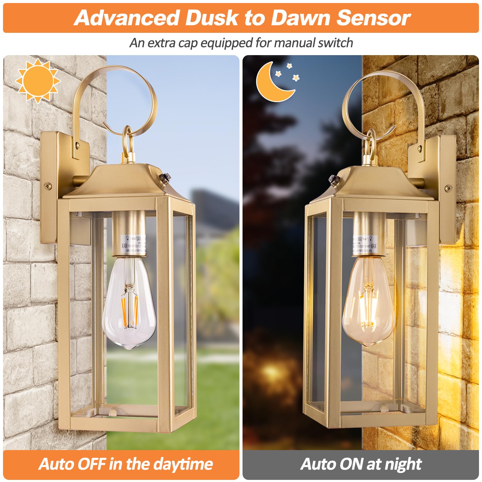 Yolsunes Gold Dusk To Dawn Wall Lights 2 Pack, 15&quot; Waterproof Modern Outdoor Sconces