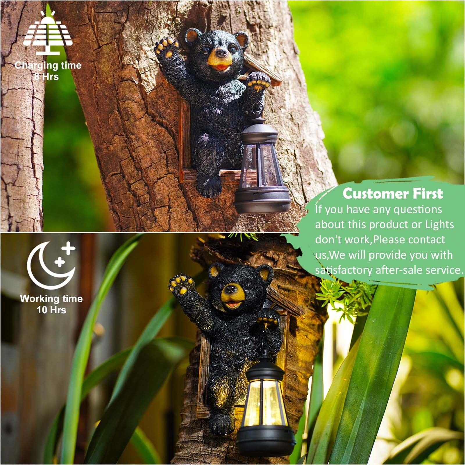 Black Bear Decor With Solar Lantern Tree Hugger - 7 Inch Bear Statue Outdoor Garden Yard Decor,Best Bear Garden Gifts For Mom,Wo