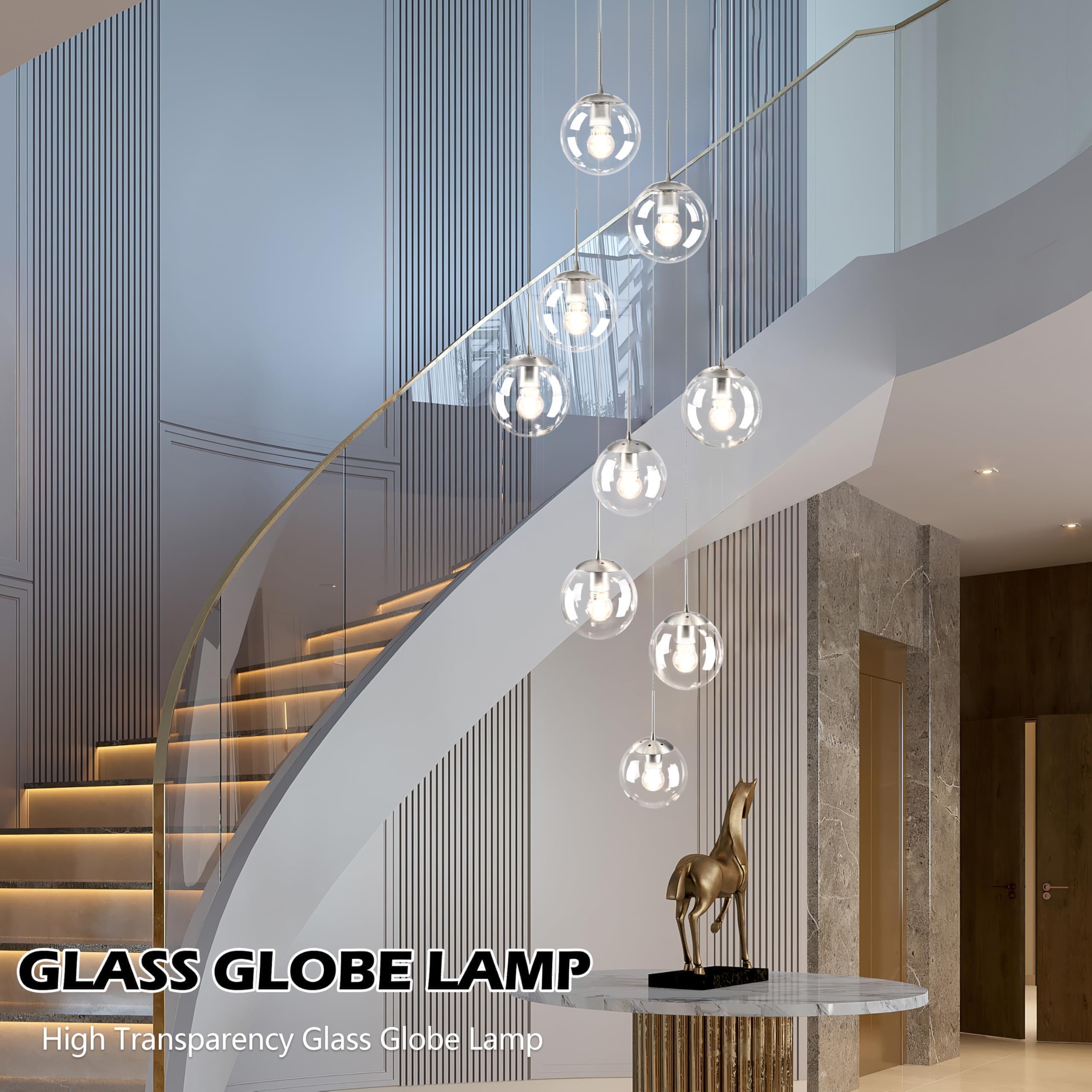 Koko&Yukina 9-Light Globe Glass Pendant Light Adjustable Length Pendant Lights Fixtures Modern Nickel Clear Globe Glass Chandeli