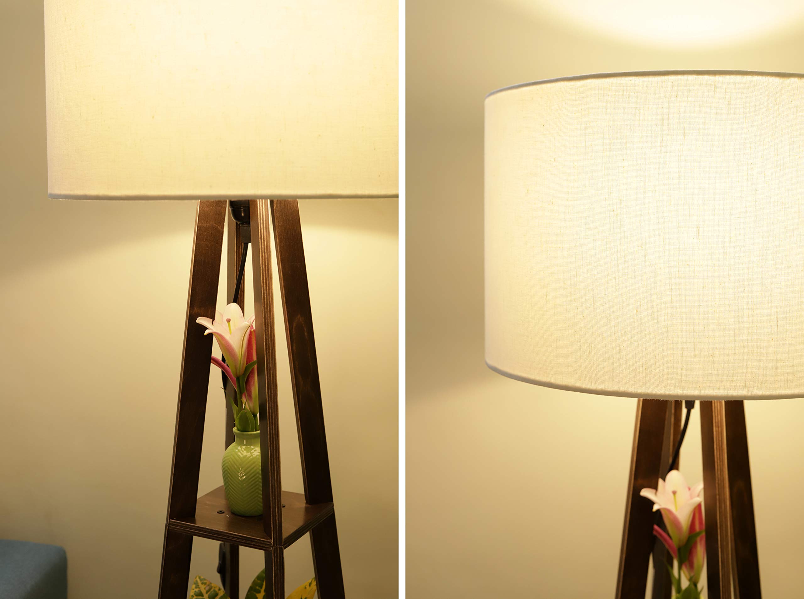Crosscut Furniture Wooden Floor Lamp with shelves in Dark Finish (Cotton White). LED bulb included