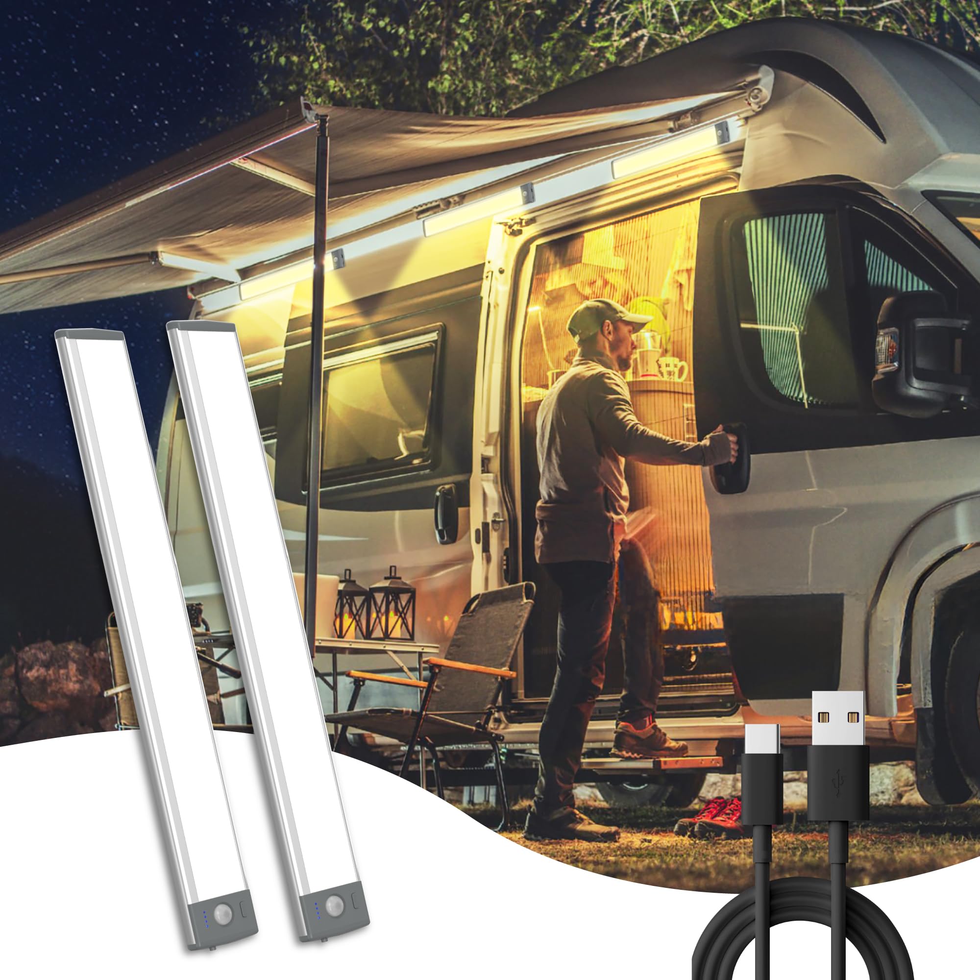 LIGHTULIFE RV Exterior Light - 14.4in Rechargeable LED Porch Light, 70 LED, White, Model DI046, 2PCS