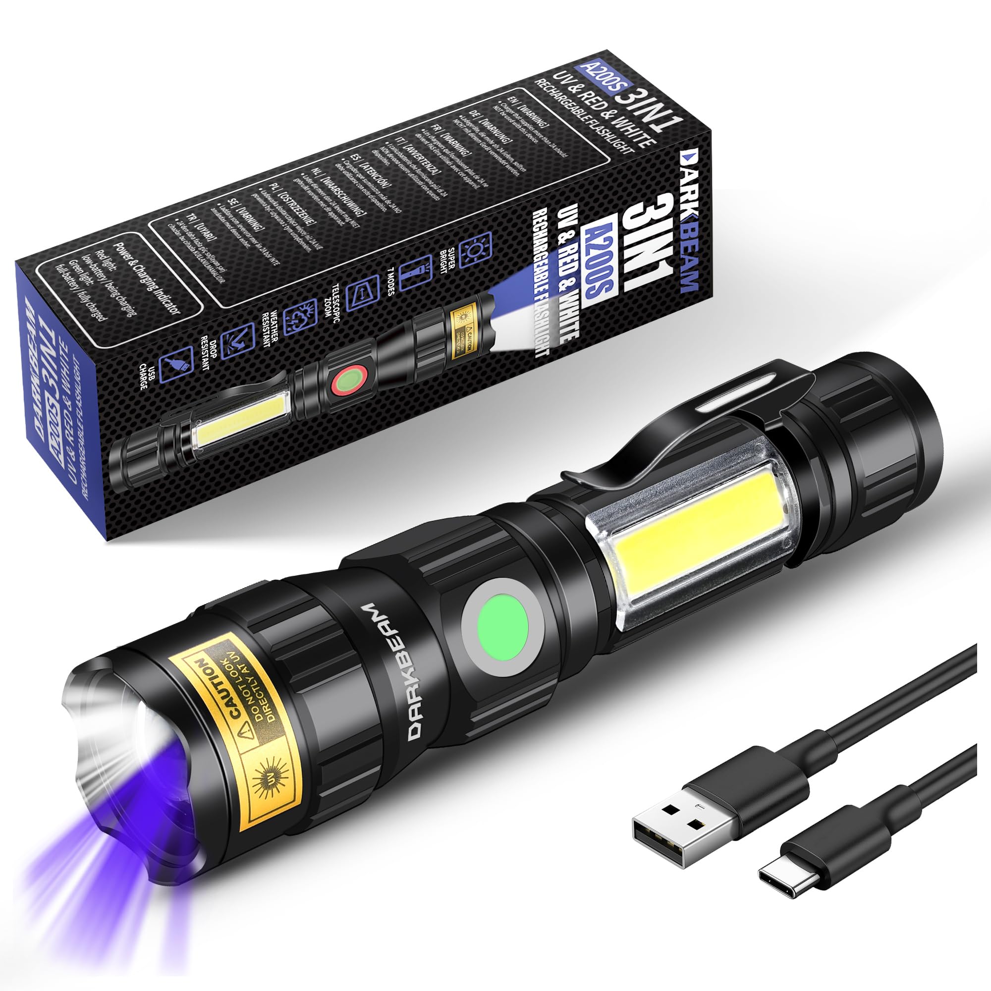 DARKBEAM UV 365nm Flashlights USB Rechargeable LED 3 in 1 Blacklight  Ultraviolet Woods Lamp  Anti-Unauthorized Copy/Fluorescer Detection  Detector for Pet Urine  Black Lights 365 nm  Magnetic Base
