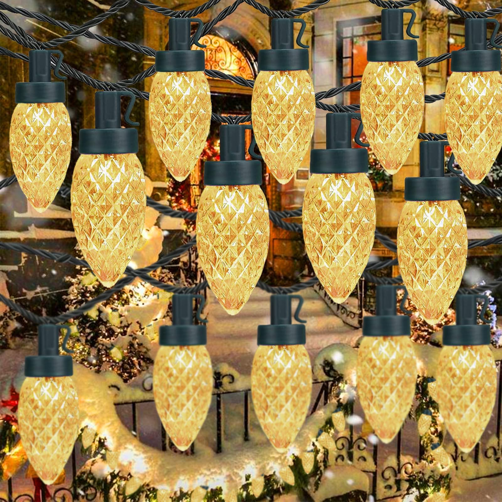 Kaq 2Pk 100Led Warm White C9 Christmas Lights Waterproof Indoor Outdoor  98Ft Extendable C9 String Lights Plug In With 13 Lighting Modes  Christmas Decorations For Party Patio  Outside Yard Decor