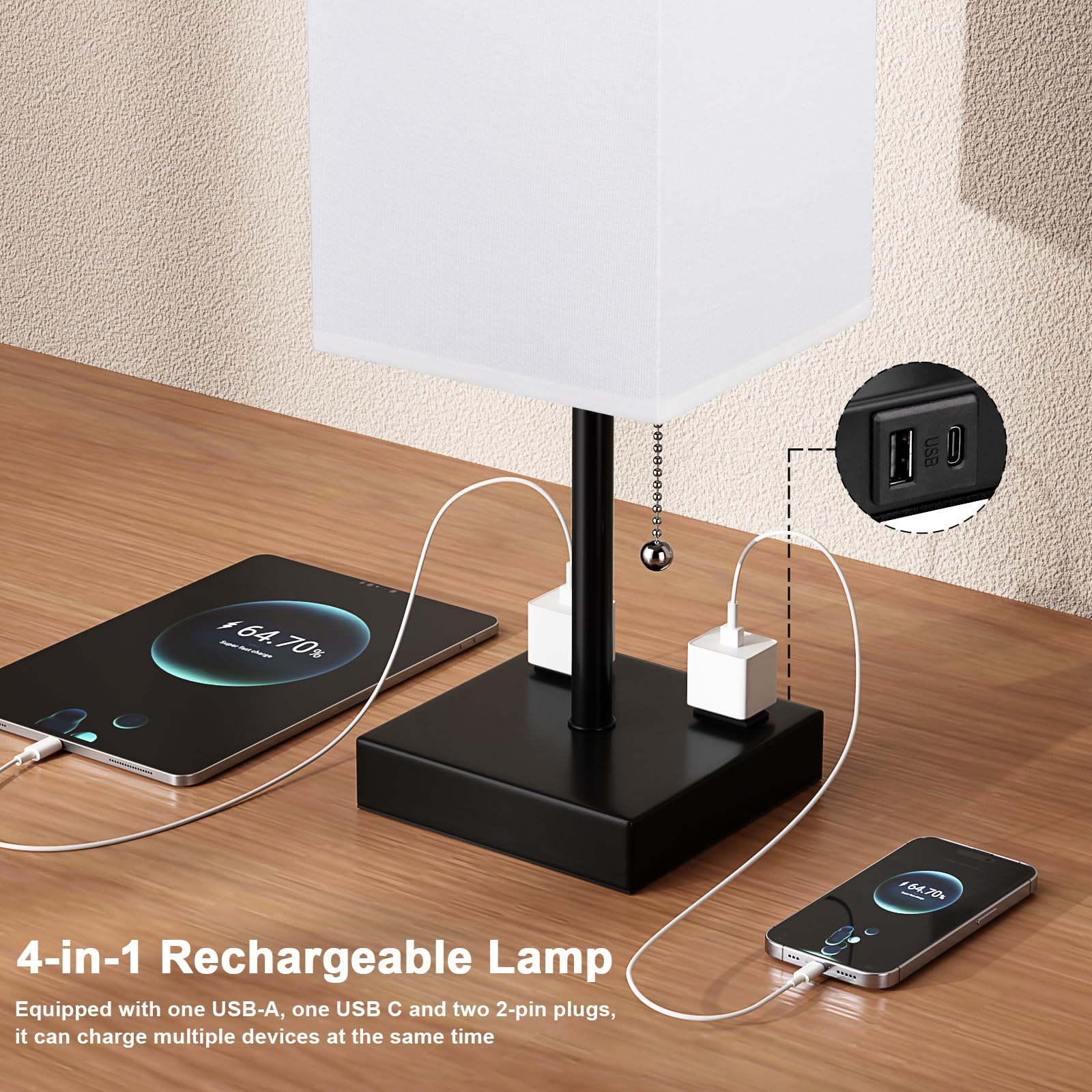 Plus Bedside Table Lamps Set Of 2 - White Bedroom Lamps With 3 Colors (3000K/5000K/4000K), Square Nightstand Lamps With Usb C +