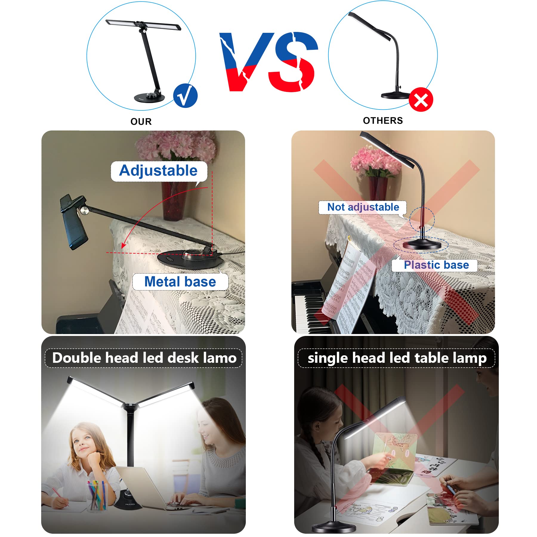 NUNET LED Desk Lamp, Rotatable Aluminum with USB Charging, Eye-Caring Light, 3 Modes, Model NULED-MSL2, Silver