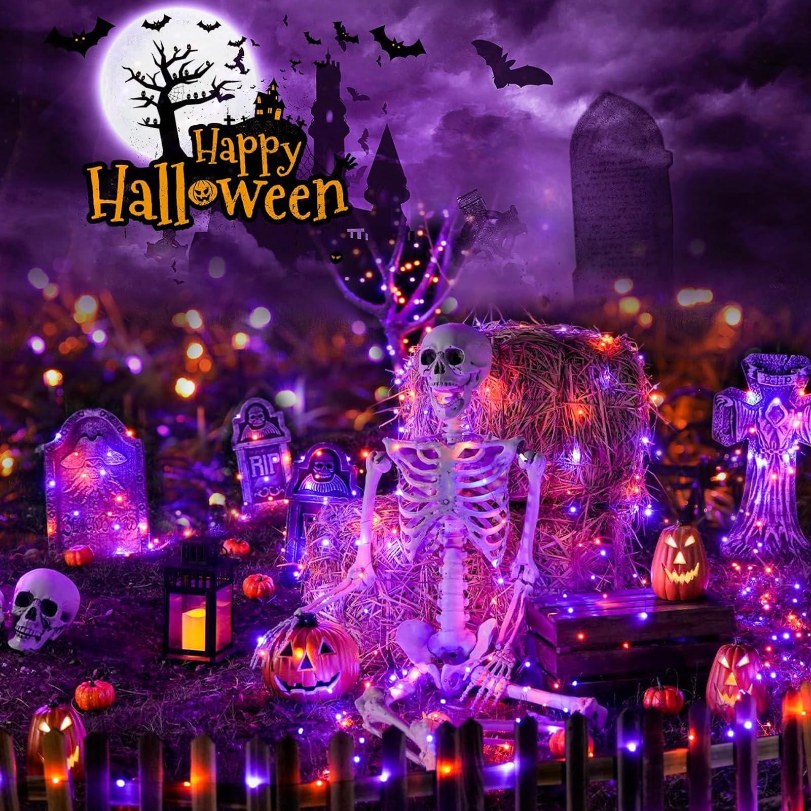 SyouHome Solar String Lights, 156Ft 4-Pack, 400 LED Waterproof, 8 Modes, Purple & Orange