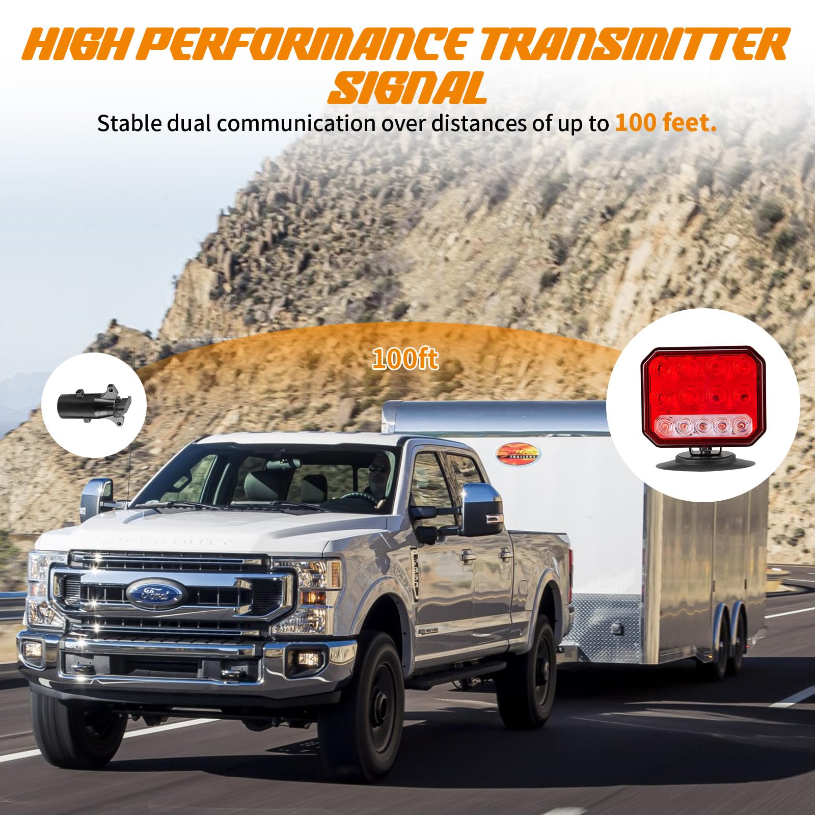 inhtgeas Wireless Trailer Lights - Dual Function Magnetic Tow Light with Strobe & Reverse Light, Model WTL5044, Red