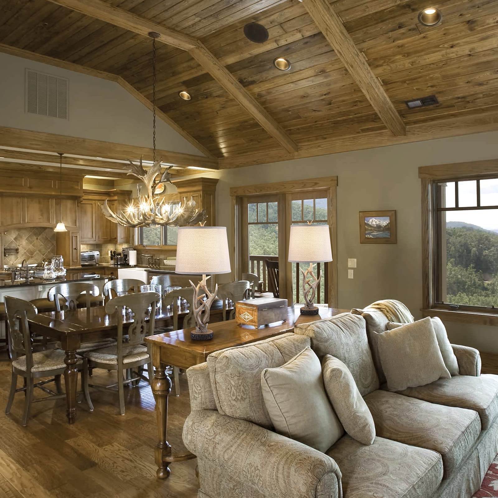 Dungoo Rustic Western Lamp Set of 2 - 26in Antler Design Table Lamp with USB Ports, Brown Resin for Bedroom, Living Room, Office