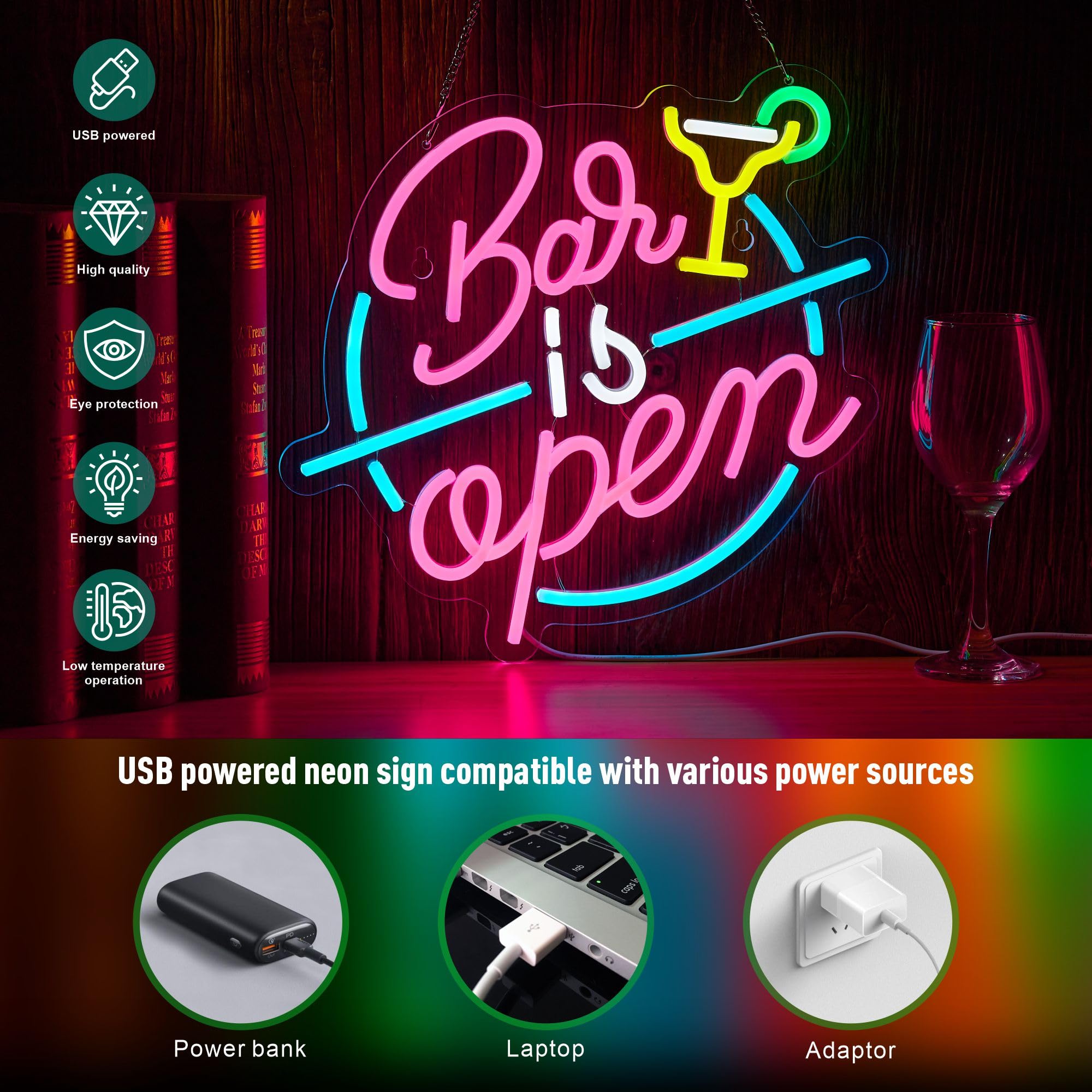 NEONLAND Bar Open Neon Sign LED Light for Wall Decor, Dimmer, 14.2inx13in, Pink/Blue/Yellow, Model: NEONLAND Bar is open