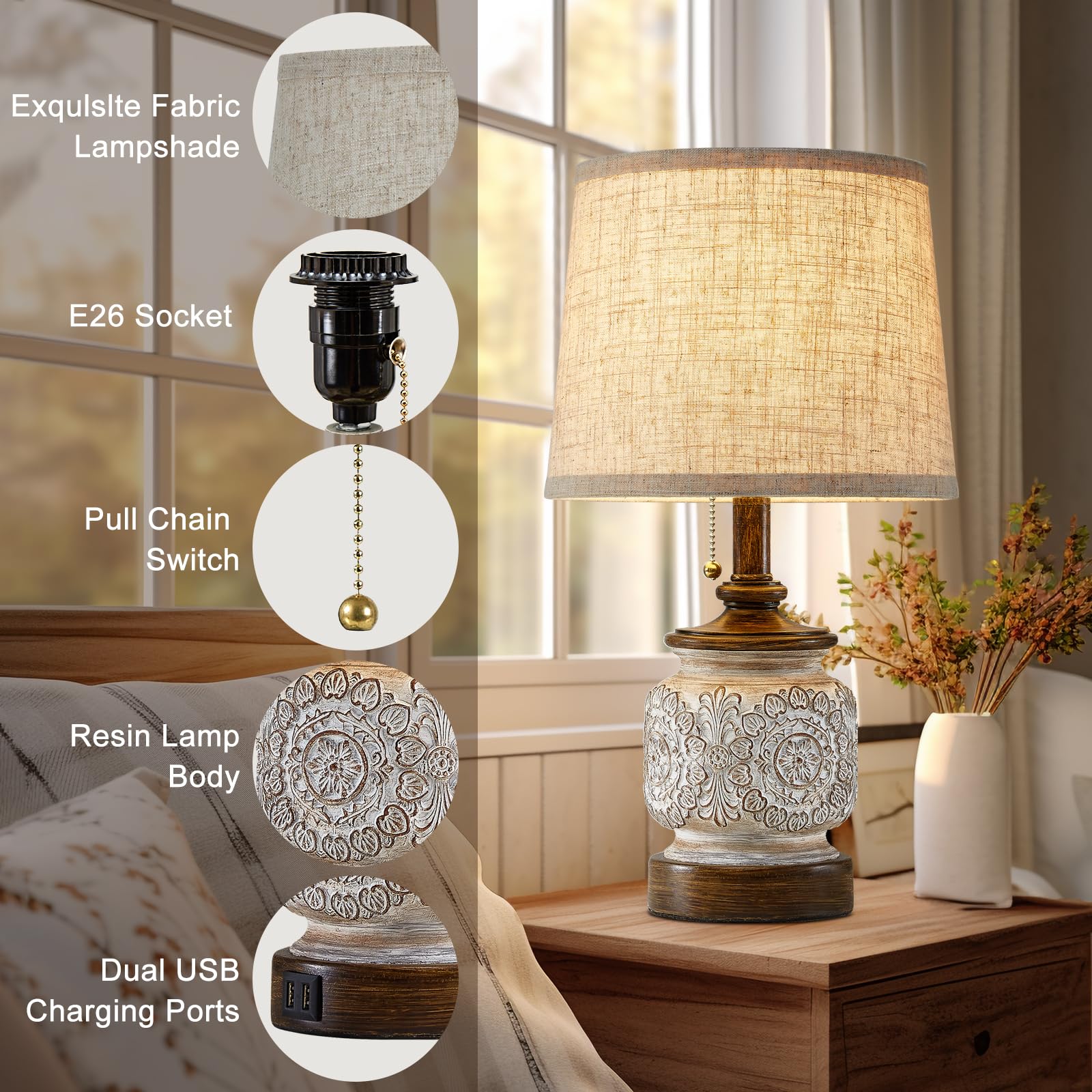 19.5'' Farmhouse Table Lamps For Bedrooms Set Of 2 Vintage Bedside Lamps For Nightstand With Usb Charging Ports Traditional Rusi