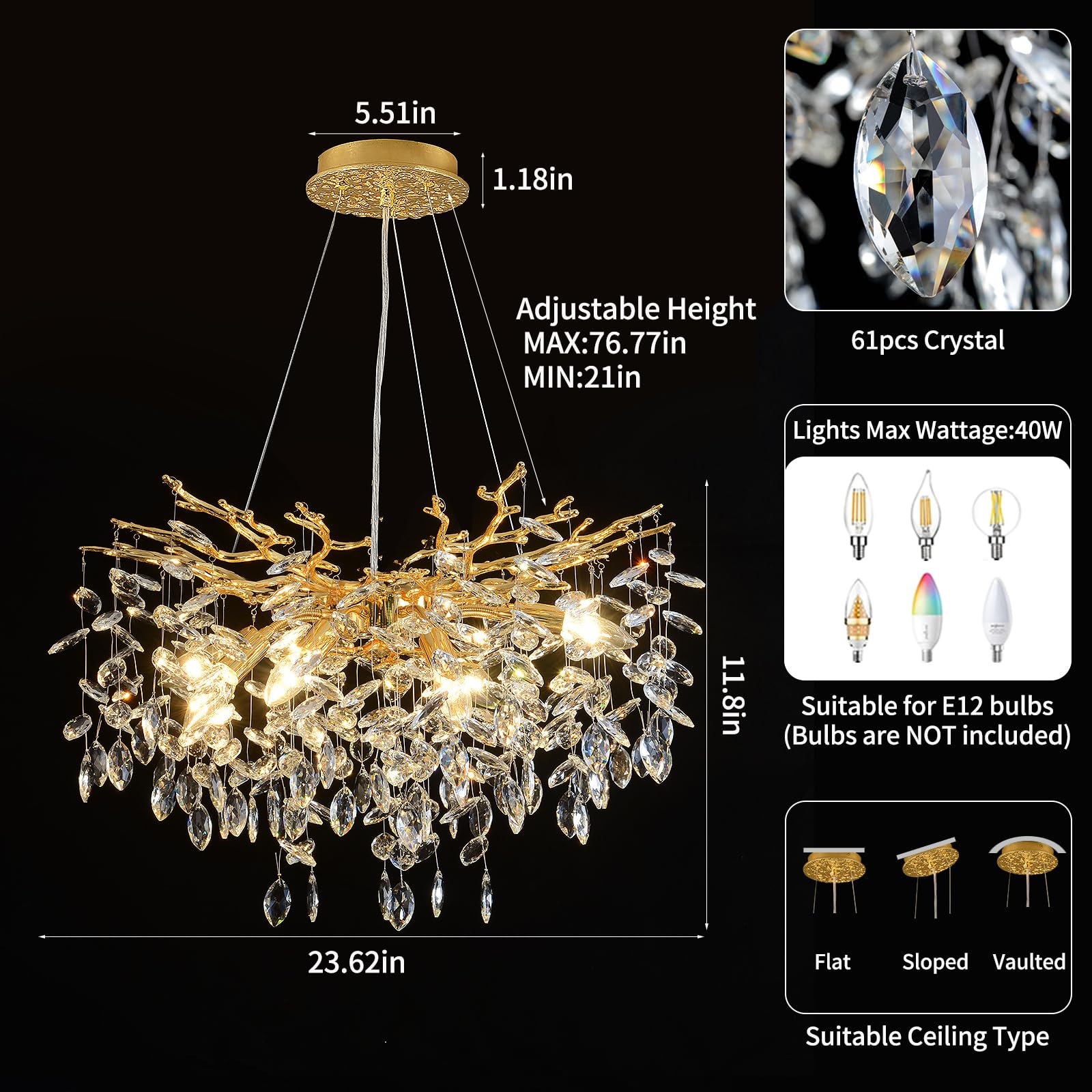 EGM Gold Crystal Chandelier, 24-Inch 8-Light Metal Raindrop Light Fixture for Dining Room, Bedroom, Foyer - Model C-1