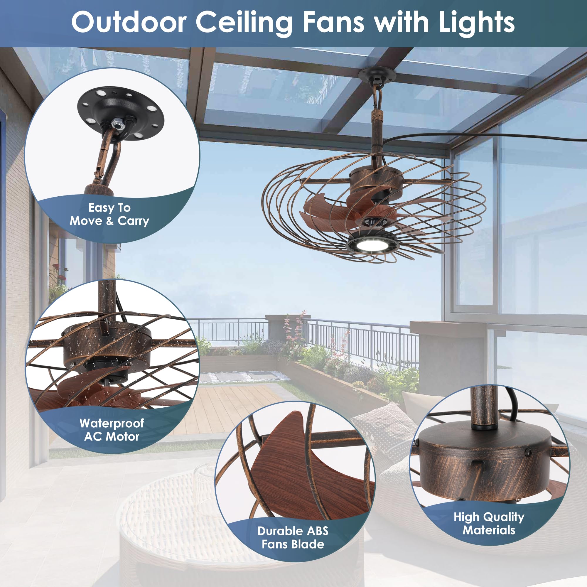 OSGNER 20in Outdoor Ceiling Fan with Light, Waterproof, Dimmable LED, Black Gold, Model F429-20-SG