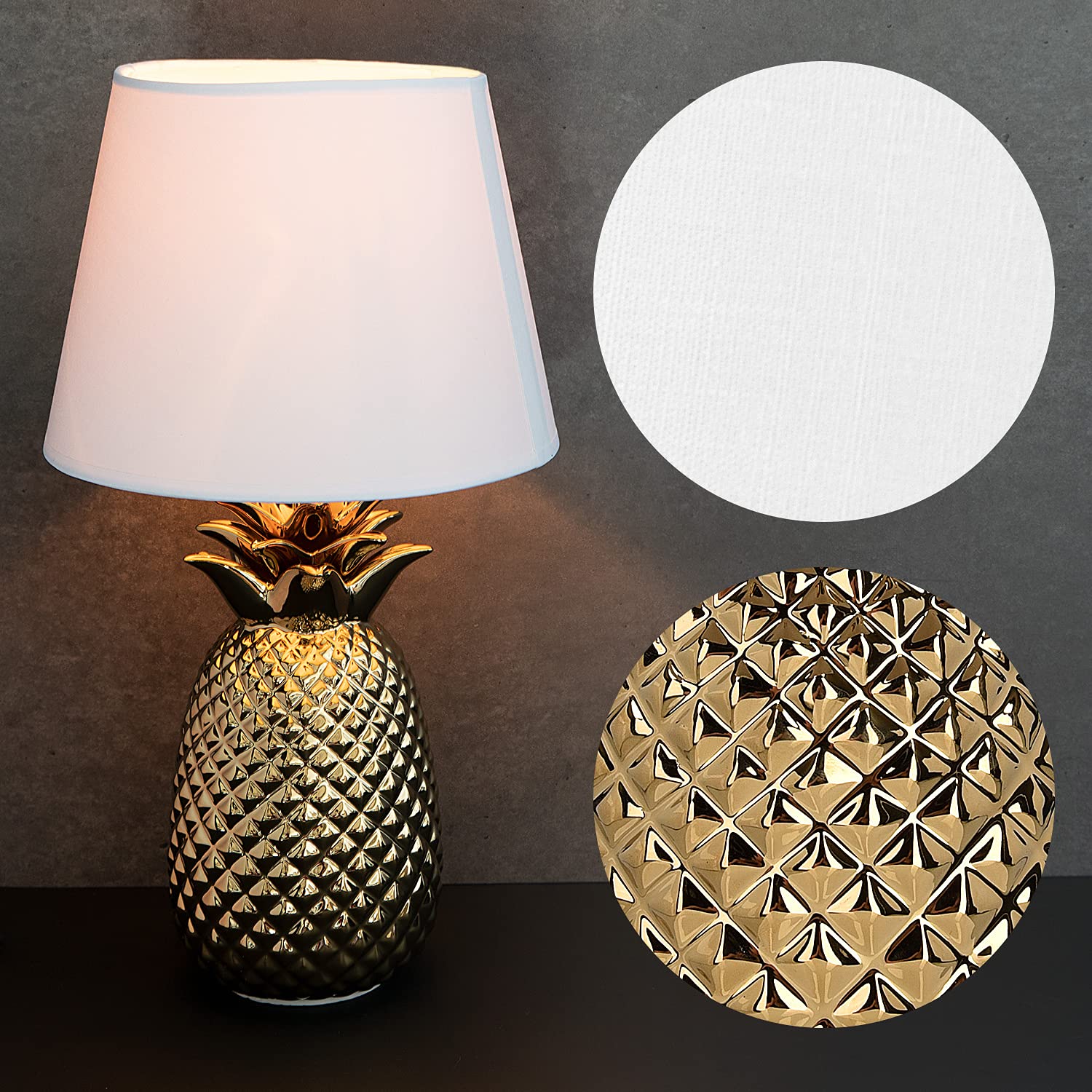 Navaris Gold Pineapple Table Lamp - Mini 13.8" Ceramic Base with E12 Socket - Metallic Gold & White Shade