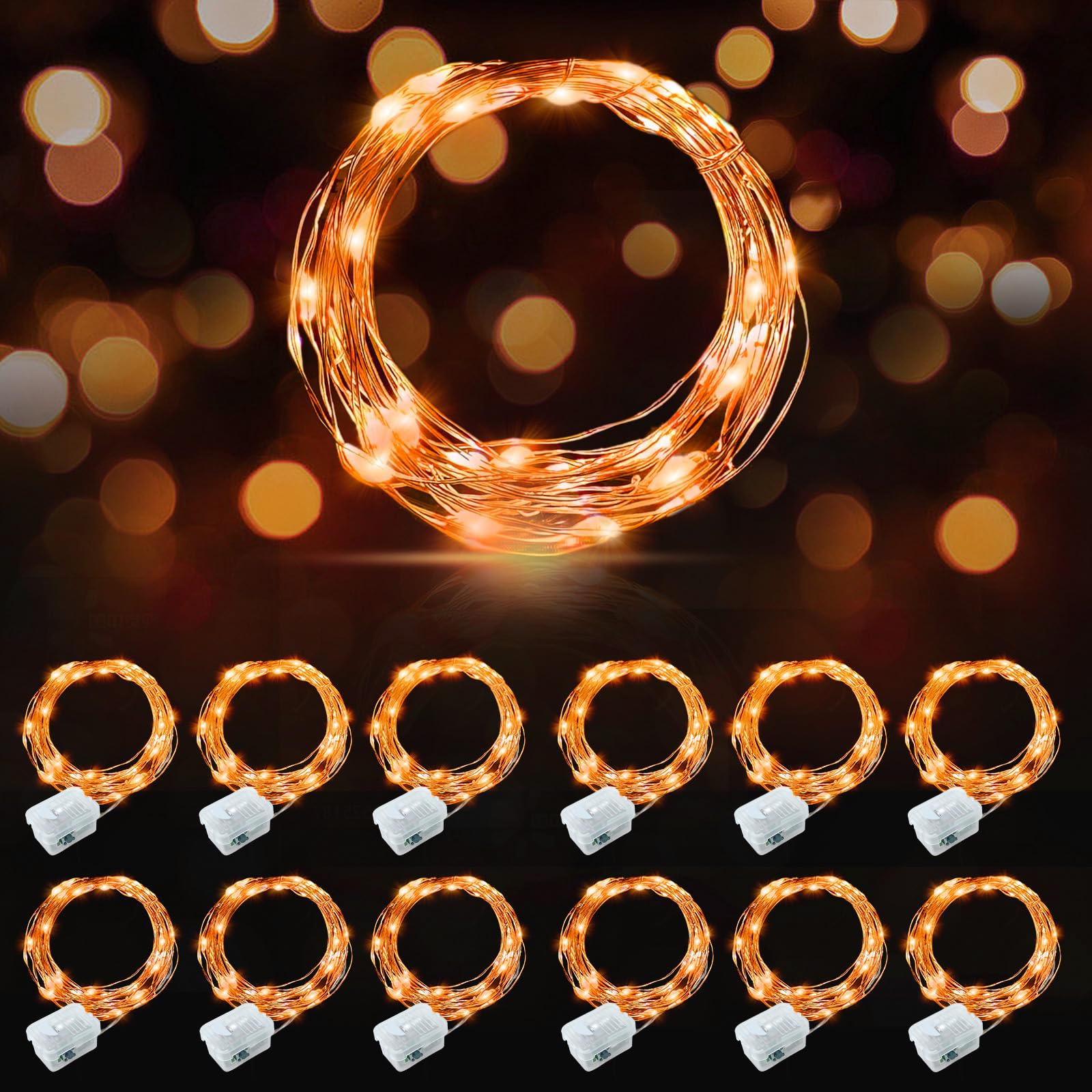 AIKEI 12 Pack LED Fairy Lights Battery Operated  Halloween String Lights Waterproof 7 Feet 20 Led Firefly Starry Lamps for Wedding Party Bedroom Garden Christmas Decoration  Orange