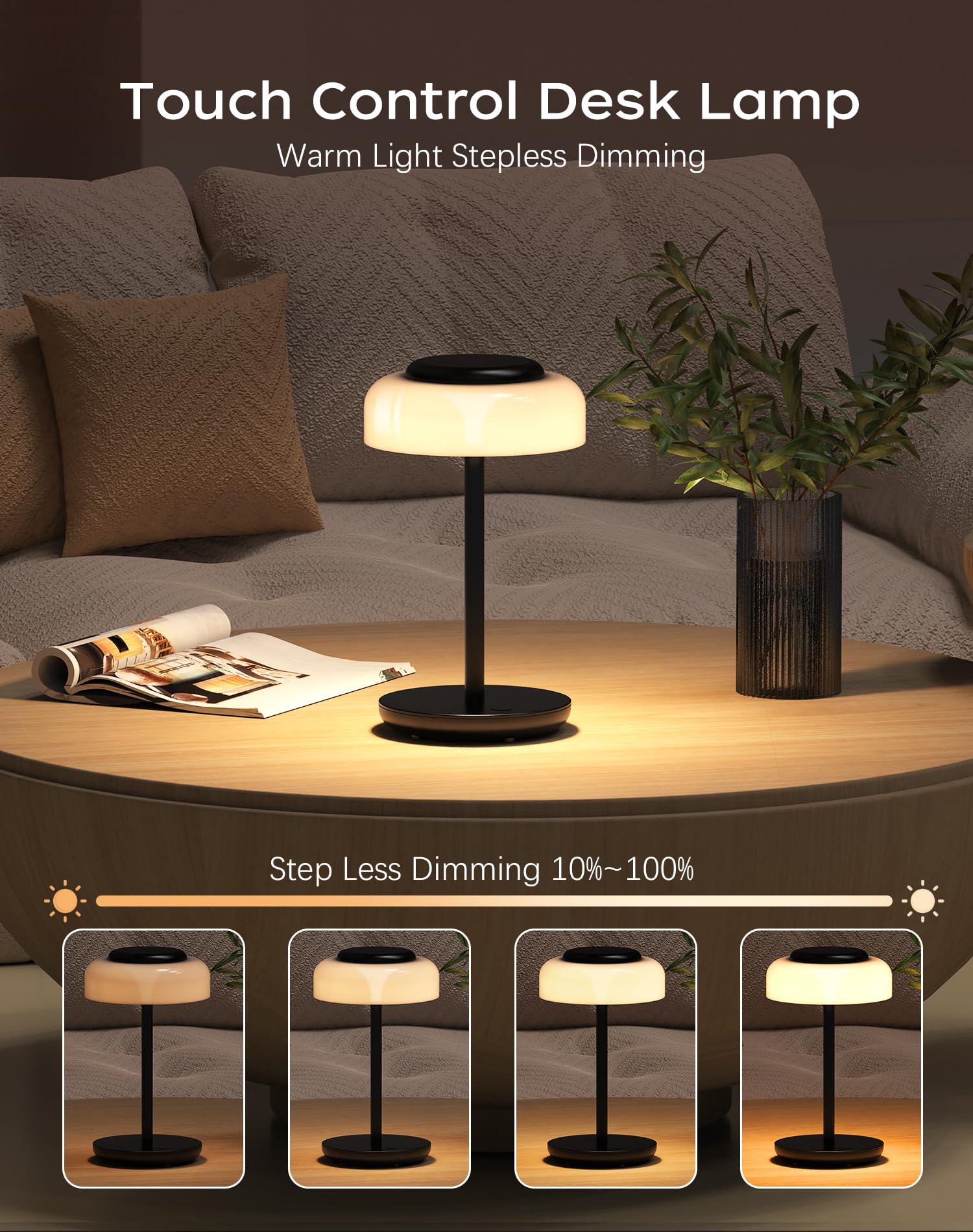 Qimh Battery Operated Led Table Lamp, 5000Mah Cordless Desk Lamp With 3 Level Brightness Touch Control, Mini Rechargeable Night