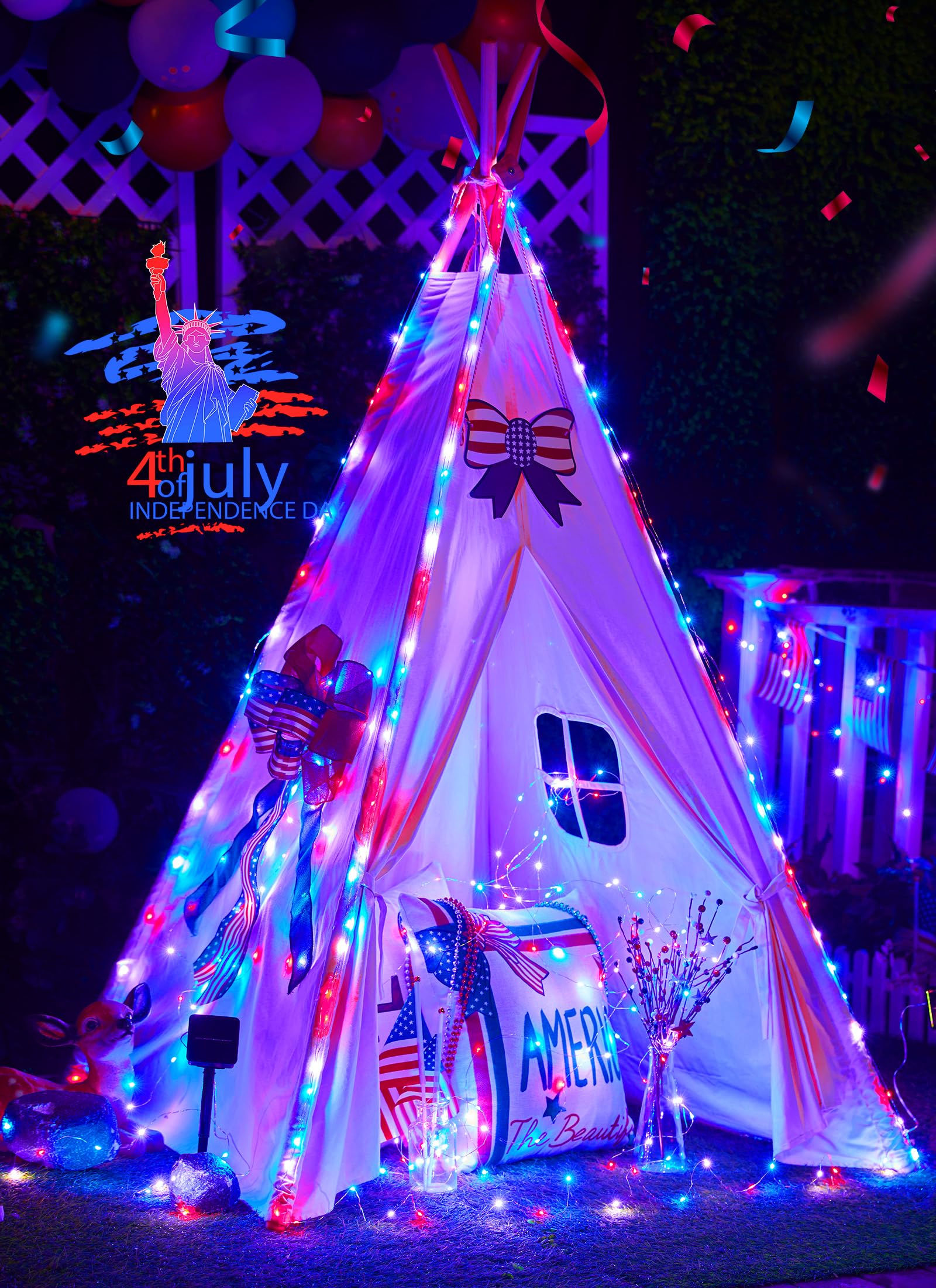 Solar String Lights for Outside, 33Ft 100 LED Outdoor Solar Red White and Blue Lights, 8 Modes 4th of July Lights for Tree Patio