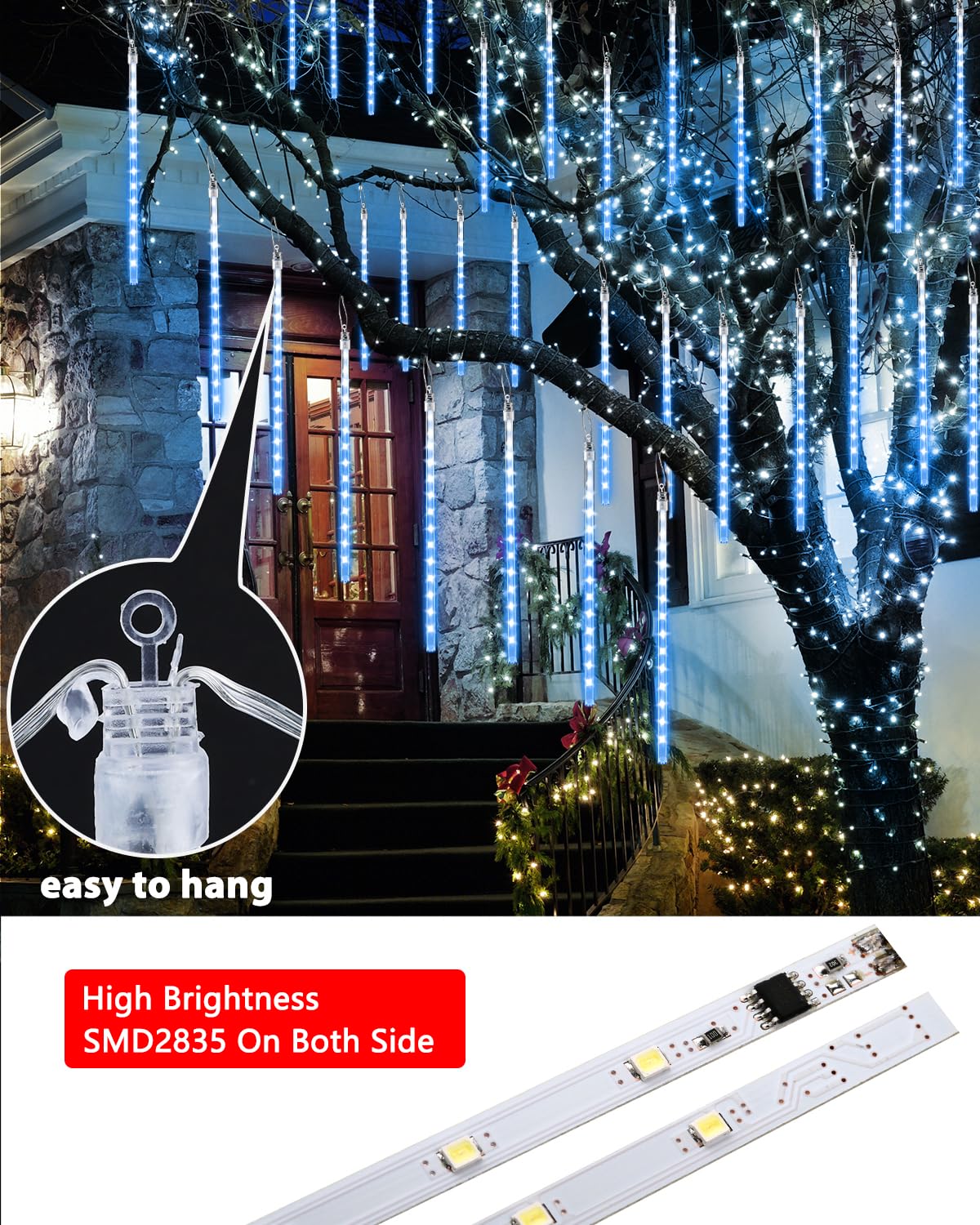 Blue 20 Tubes Meteor Shower Icicle Lights 480 Led Raindrop Lights With Timer Function Cascading Falling Rain Light For Holiday P