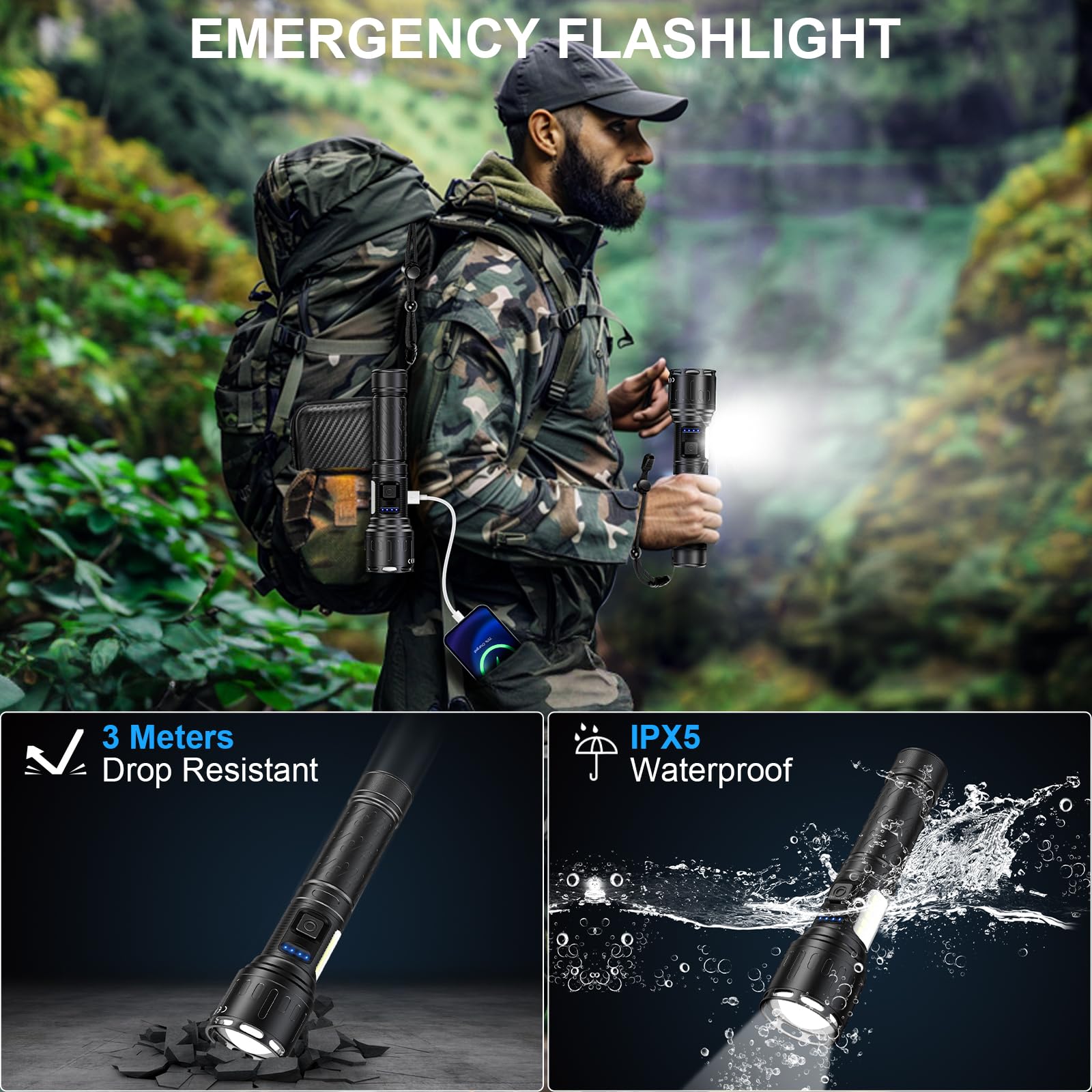 Rechargeable Magnetic Flashlights High Lumens, Super Bright Led Powerful Flashlight 8 Modes With Cob Work Light, Waterproof Hand