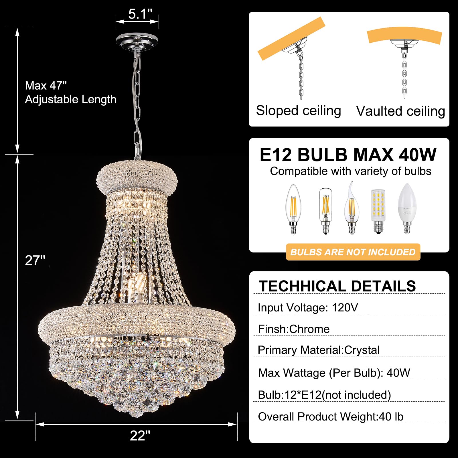 Homeooze Crystal Chandelier - 12 Light Chrome Finish, 27" H x 22" W x 22" D, Metal, Ideal for Foyer, Living Room, Dining Room,