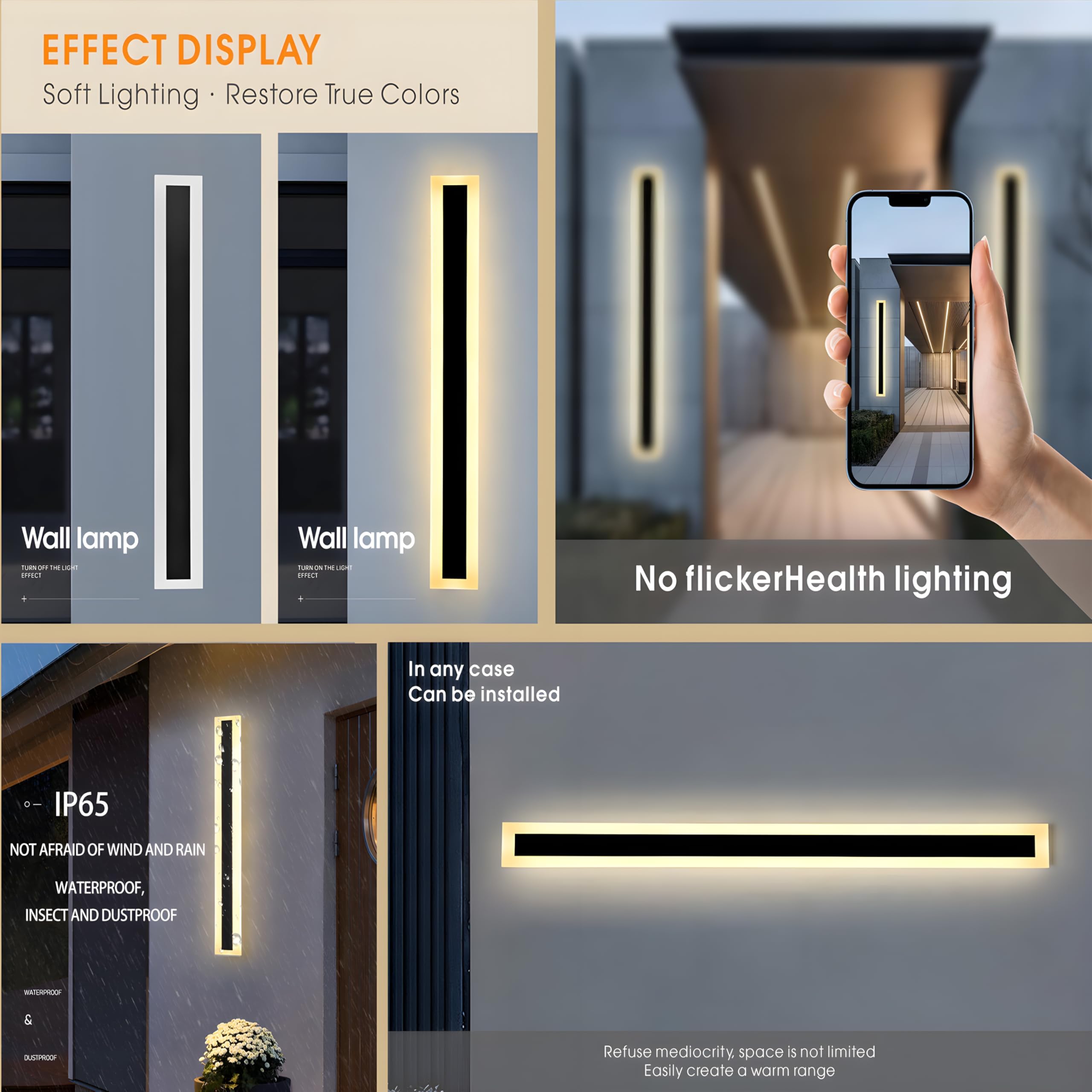 47.2Inch-2Pack Long Outdoor Modern Led Wall Light,38W Waterproof Ip65 Warm White 110V Led Wall Mount Lighting Fixture Rectangula