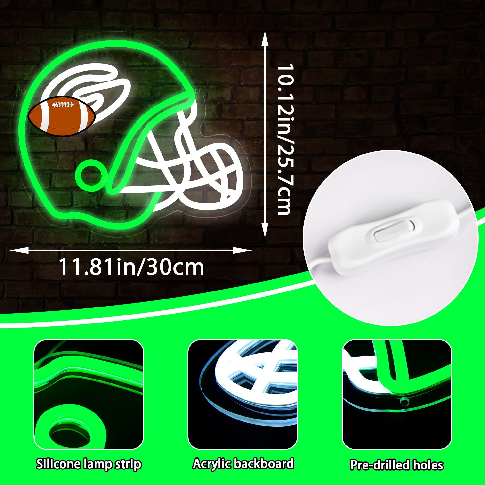 Brineon Football Neon Sign - Green LED Wall Decor, 11.8"x10.1", Acrylic for Man Cave, Garage, Bedroom, Bar, Game Room