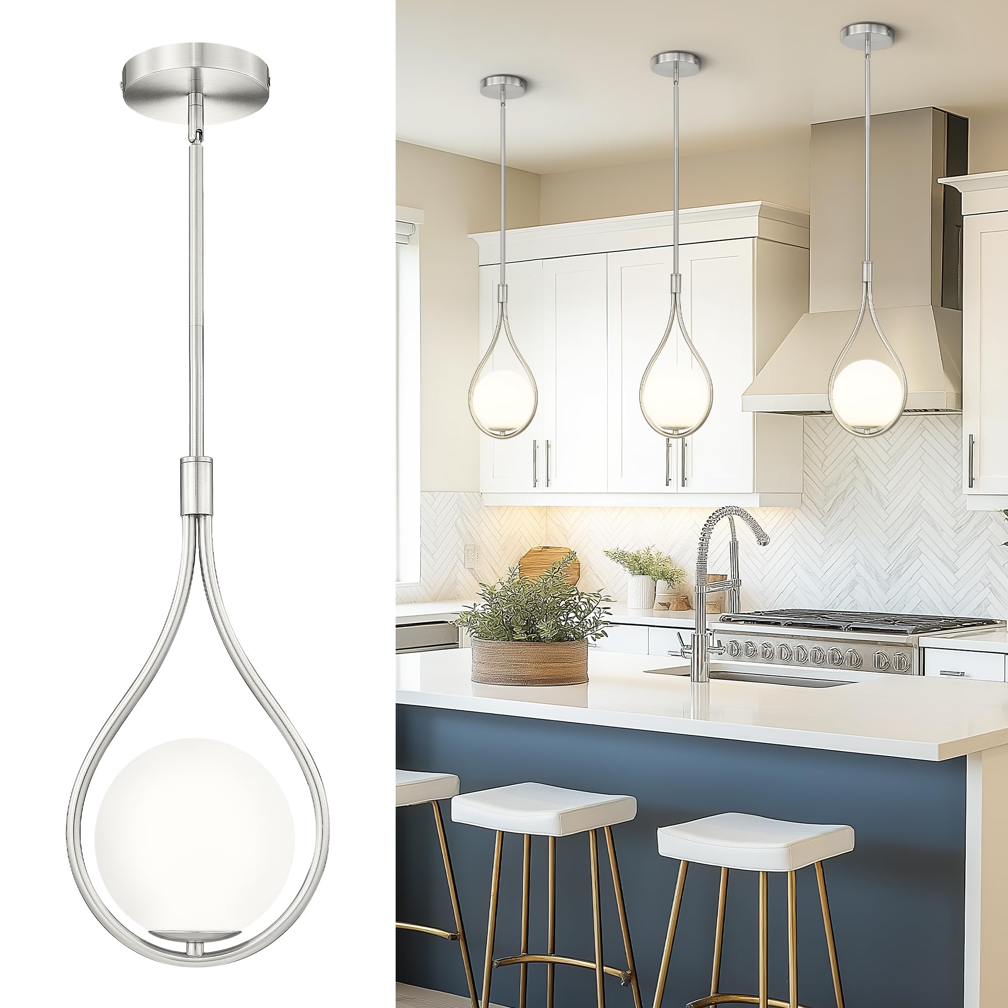 AUTELO Modern Pendant Lights Kitchen Island, 1-Light Pendant Lights in Brushed Nickel Finish with Milky White Globe Glass, Nicke
