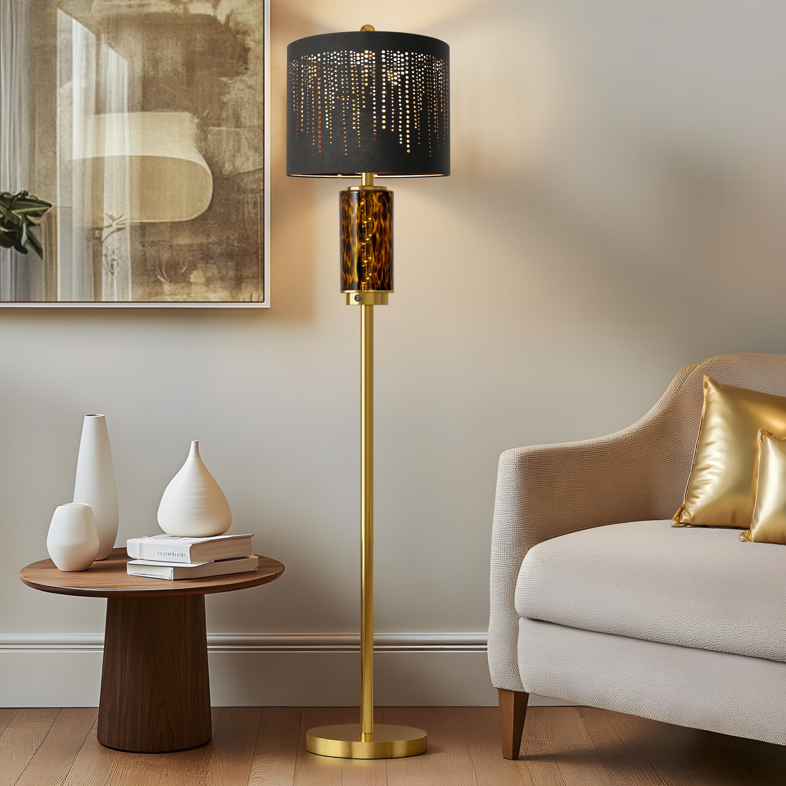 Oneach 63.75'' Floor Lamp For Living Room, Modern Gold Lamp With Led Leopard Glass Night Light, Vintage Standing Lamp, Black Lam
